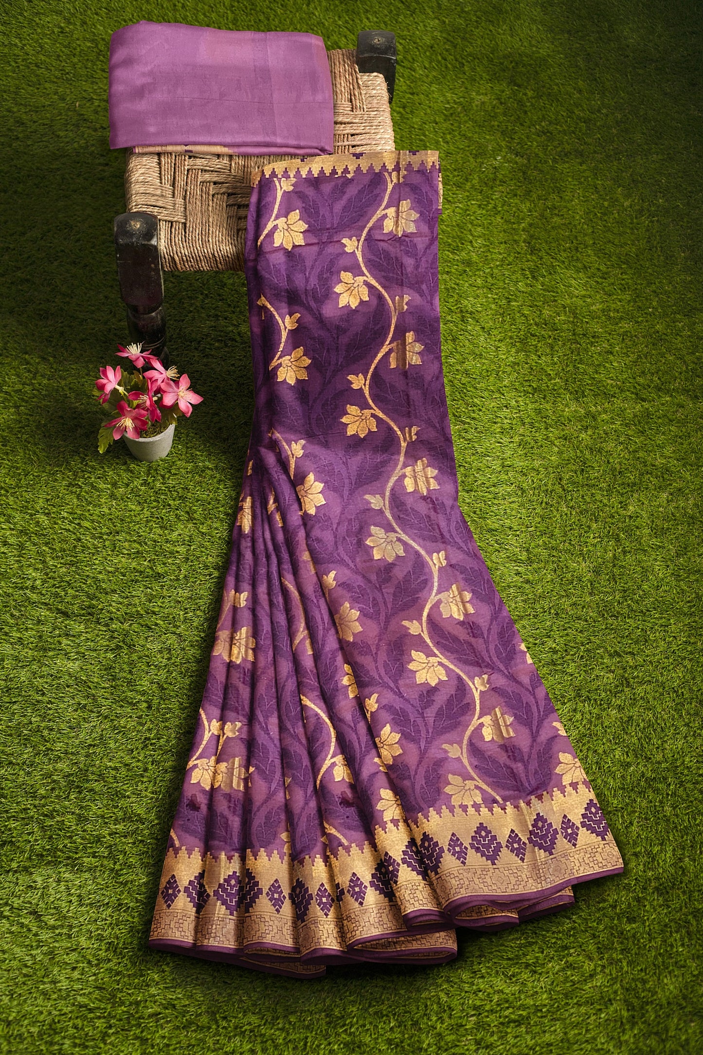 Regal Gazari Wine Pure Dupion Katan Silk Saree with Antique Zari and Resham Zaal
