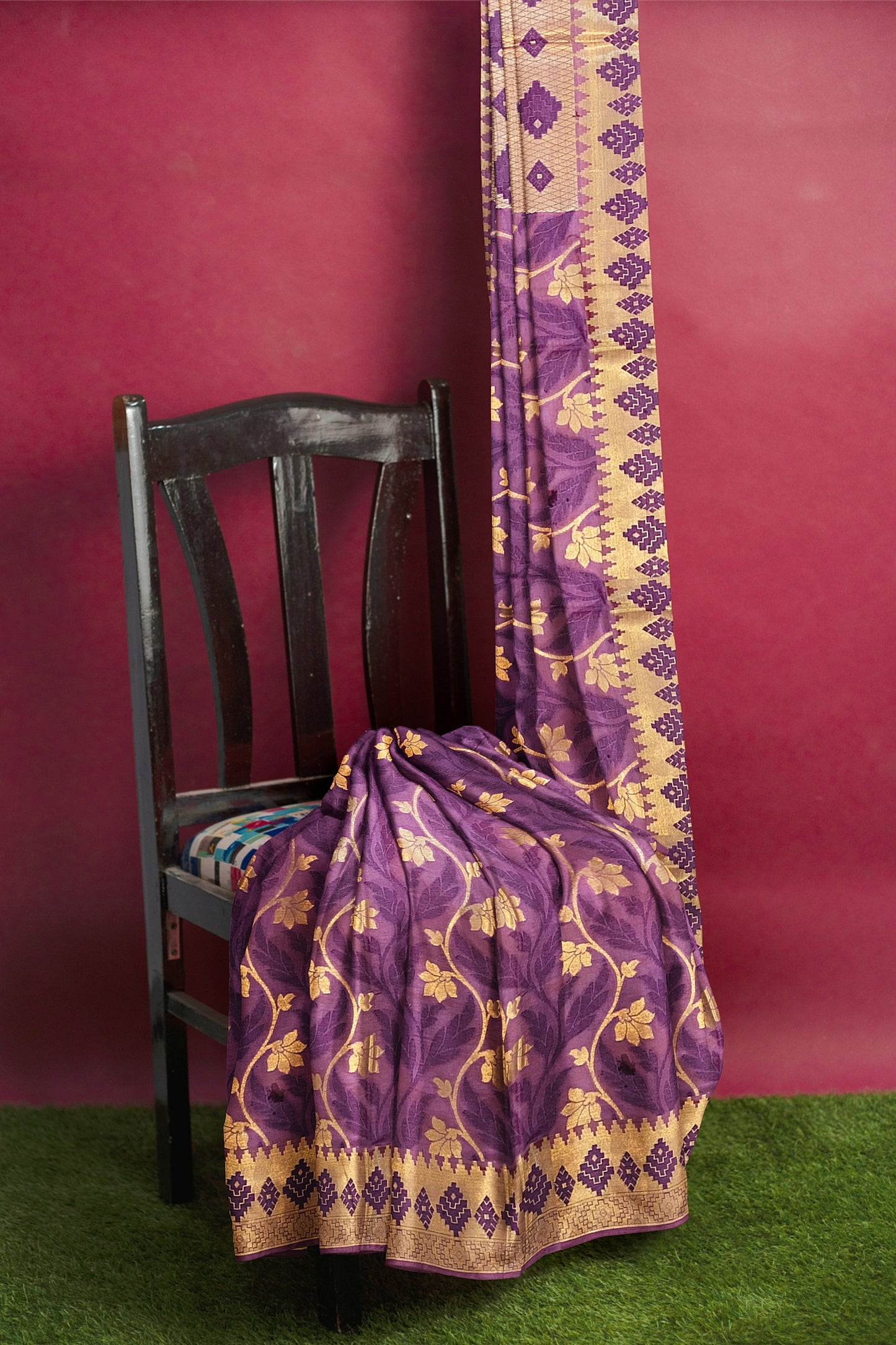 Regal Gazari Wine Pure Dupion Katan Silk Saree with Antique Zari and Resham Zaal