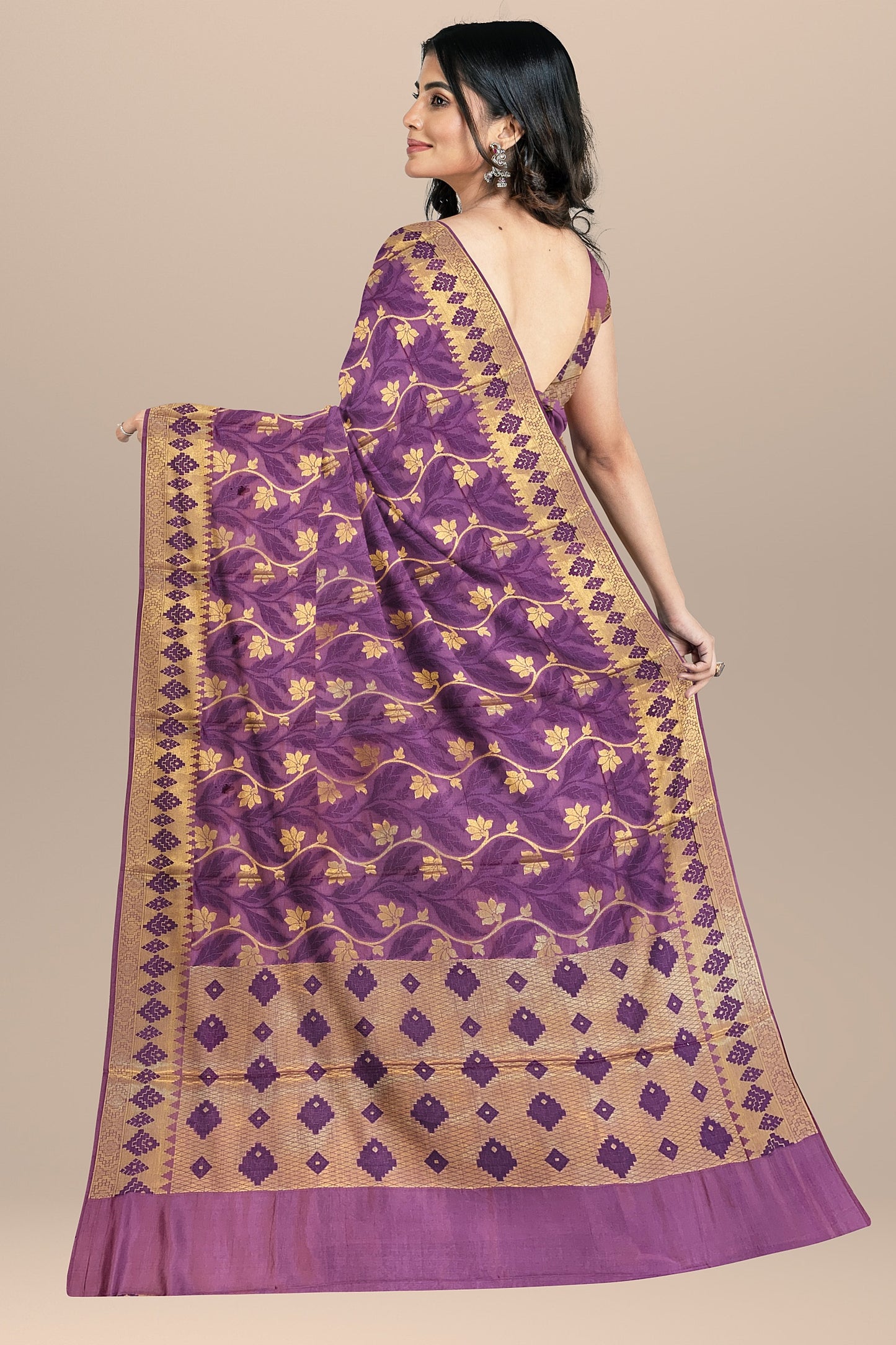 Regal Gazari Wine Pure Dupion Katan Silk Saree with Antique Zari and Resham Zaal
