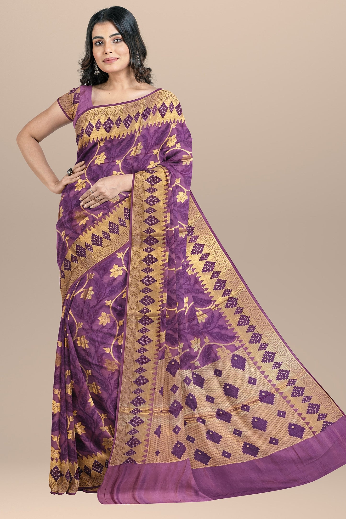 Regal Gazari Wine Pure Dupion Katan Silk Saree with Antique Zari and Resham Zaal