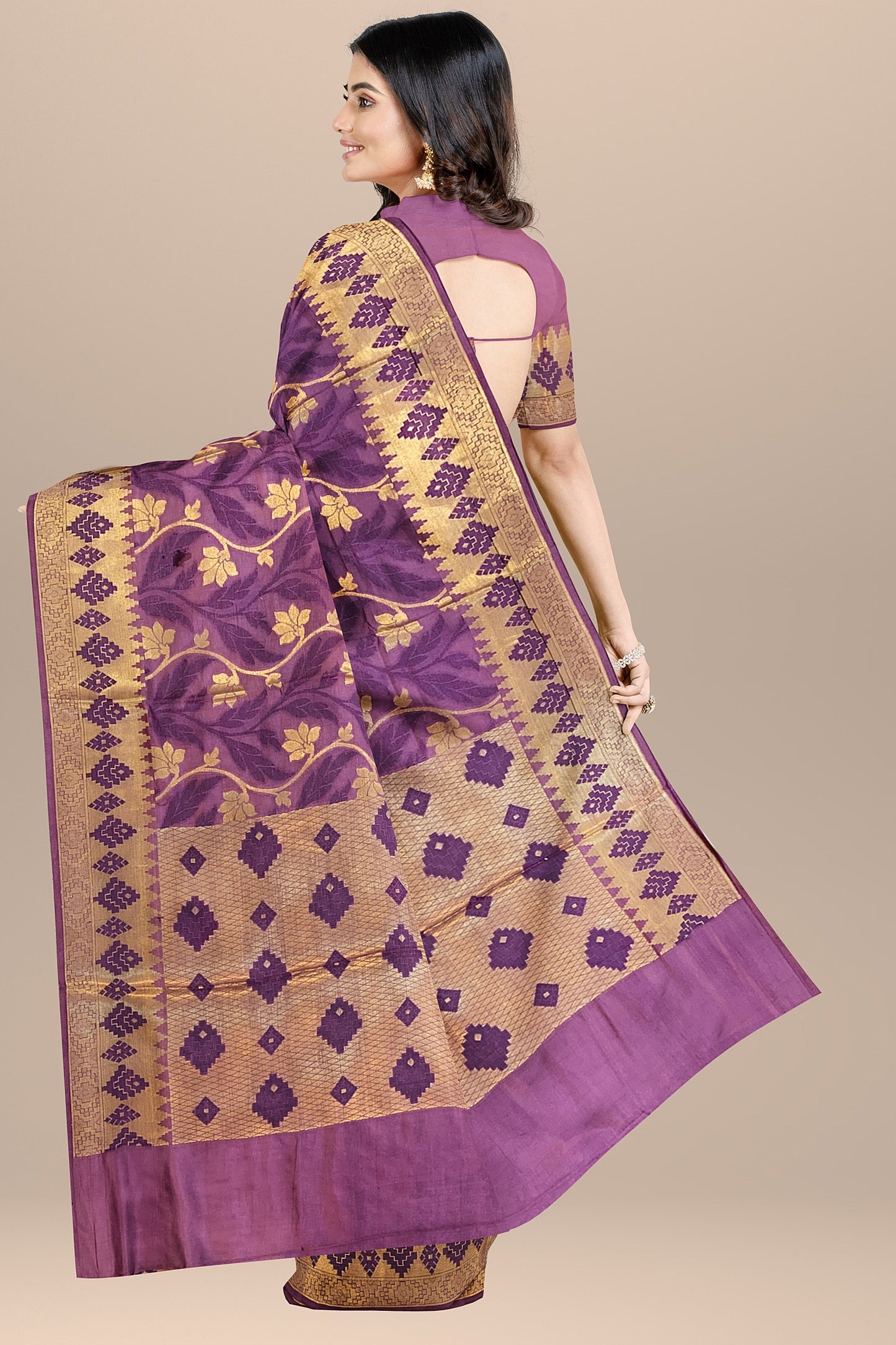 Regal Gazari Wine Pure Dupion Katan Silk Saree with Antique Zari and Resham Zaal