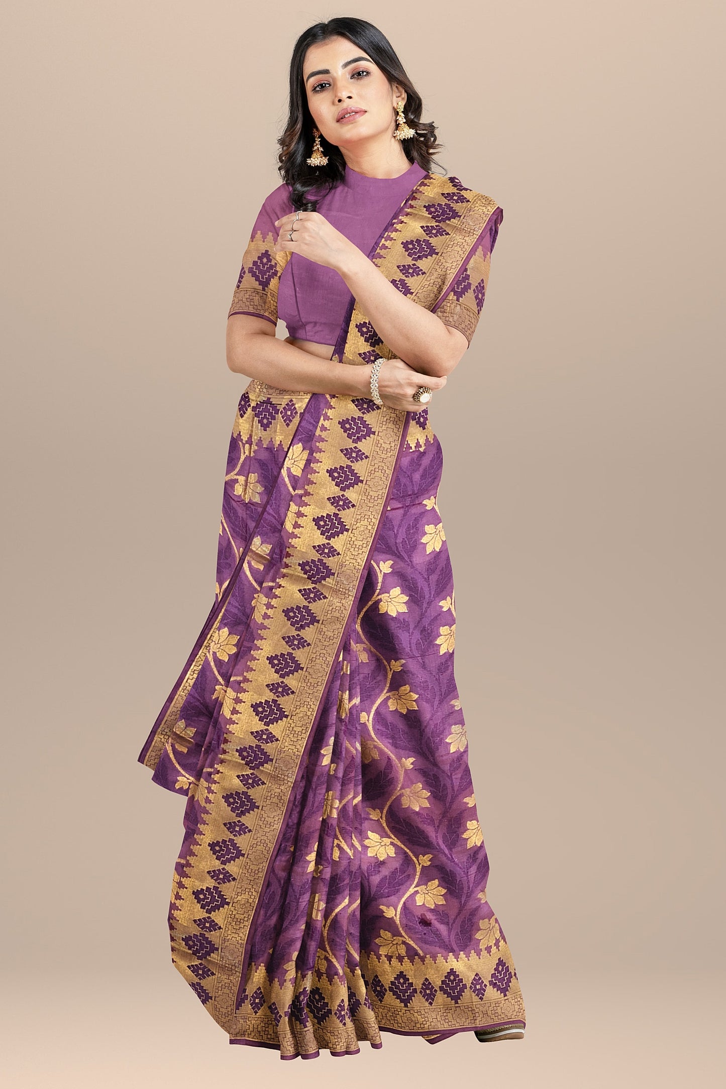 Regal Gazari Wine Pure Dupion Katan Silk Saree with Antique Zari and Resham Zaal
