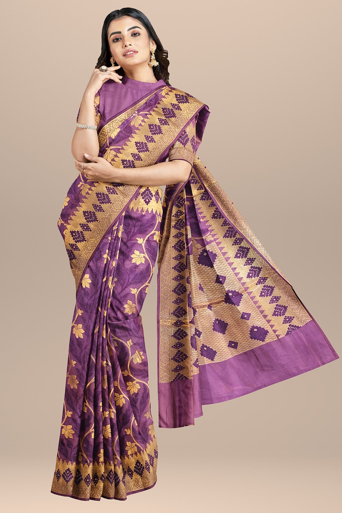 Regal Gazari Wine Pure Dupion Katan Silk Saree with Antique Zari and Resham Zaal