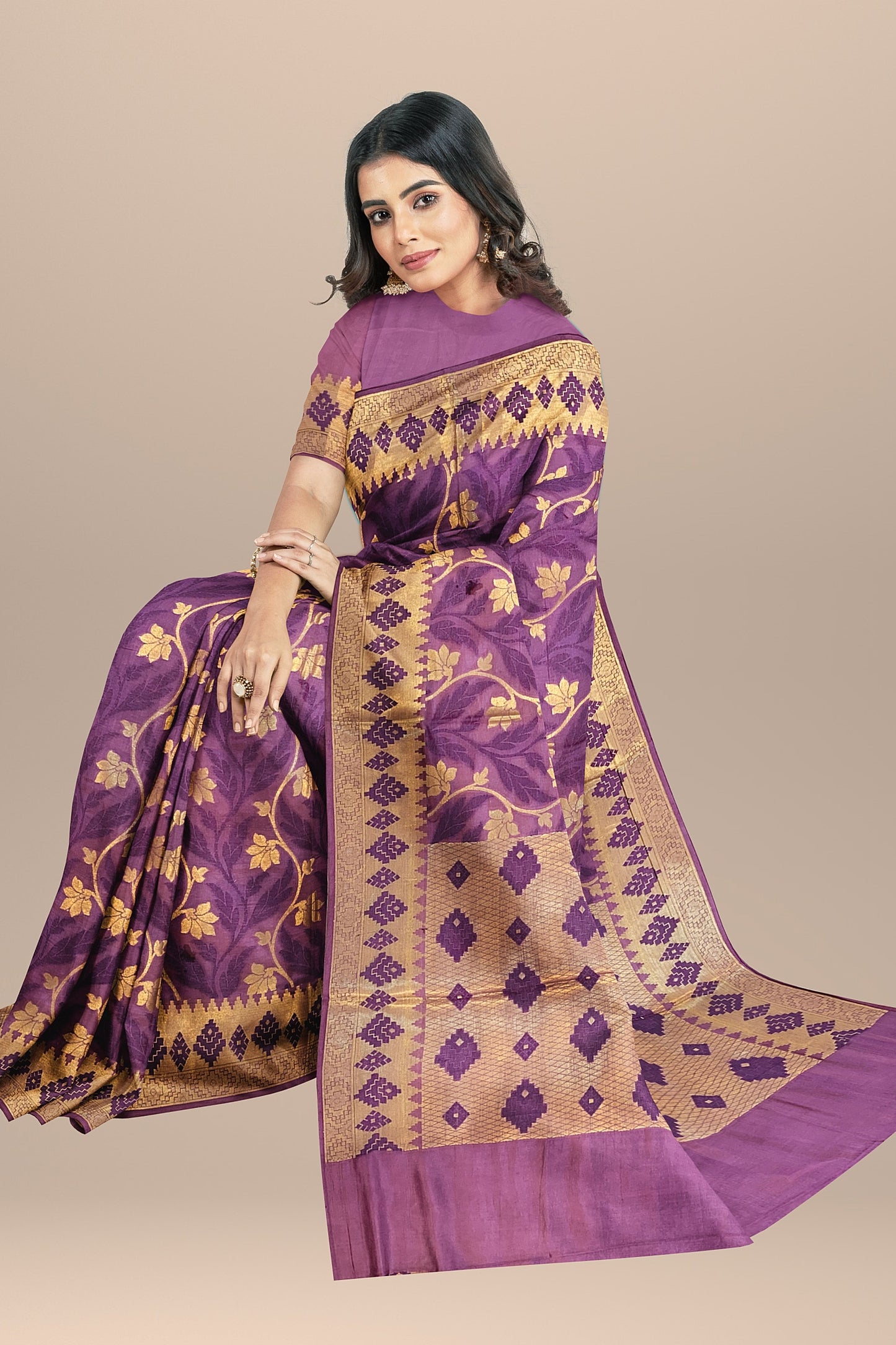 Regal Gazari Wine Pure Dupion Katan Silk Saree with Antique Zari and Resham Zaal