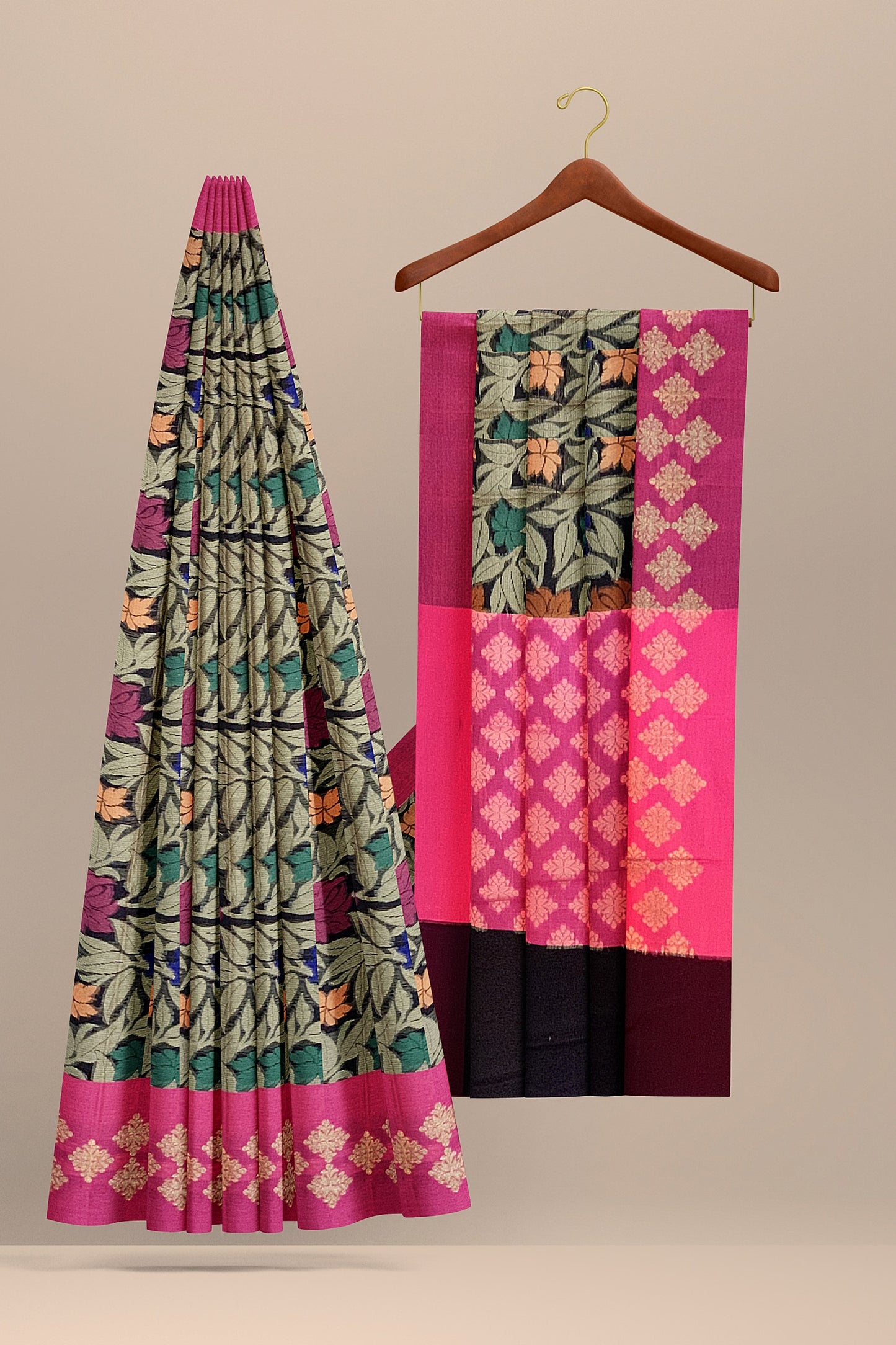 Graceful Black Organza Saree with Floral Meenakari Zaal and Contrast Pink Pallu