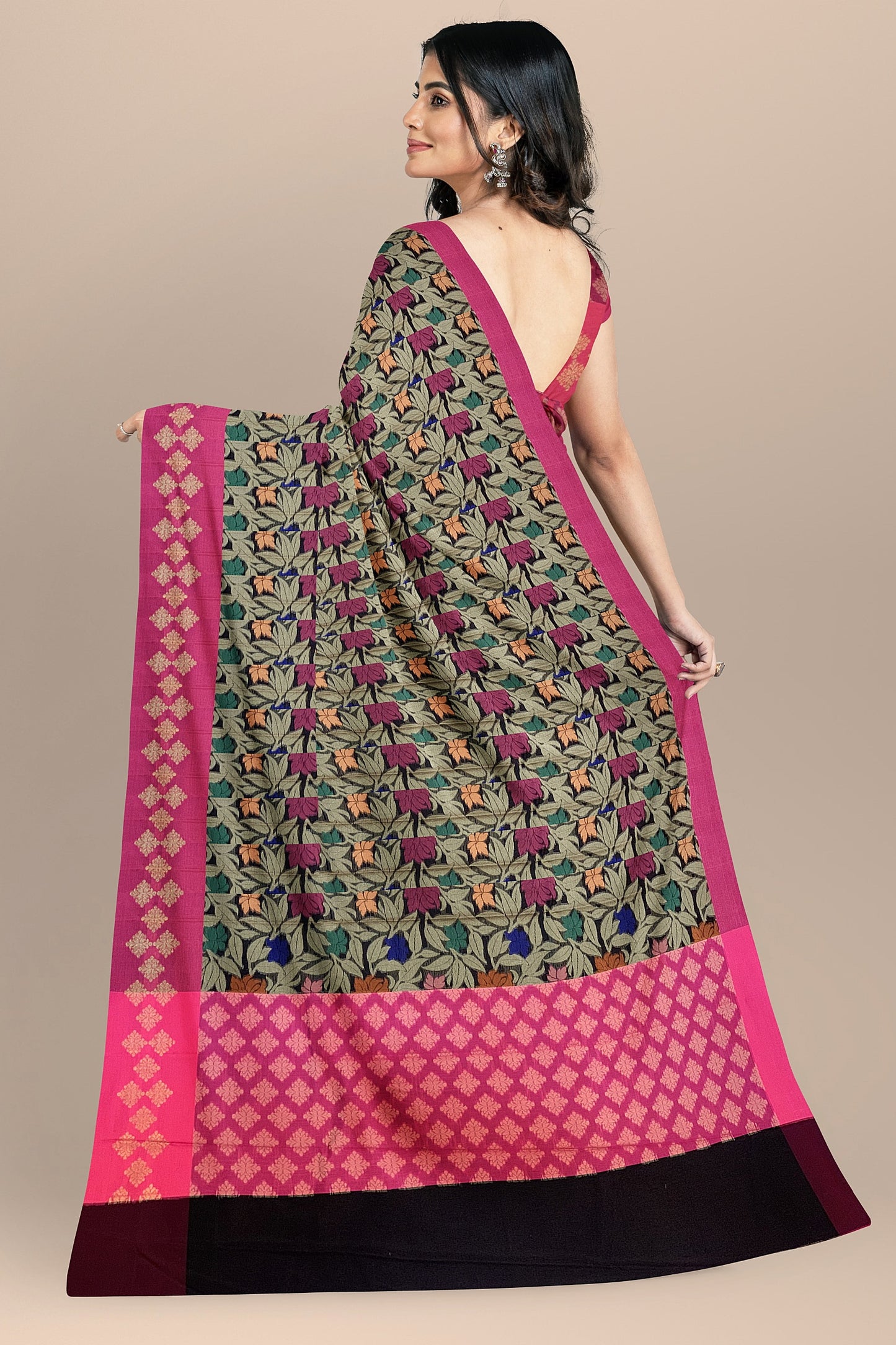 Graceful Black Organza Saree with Floral Meenakari Zaal and Contrast Pink Pallu