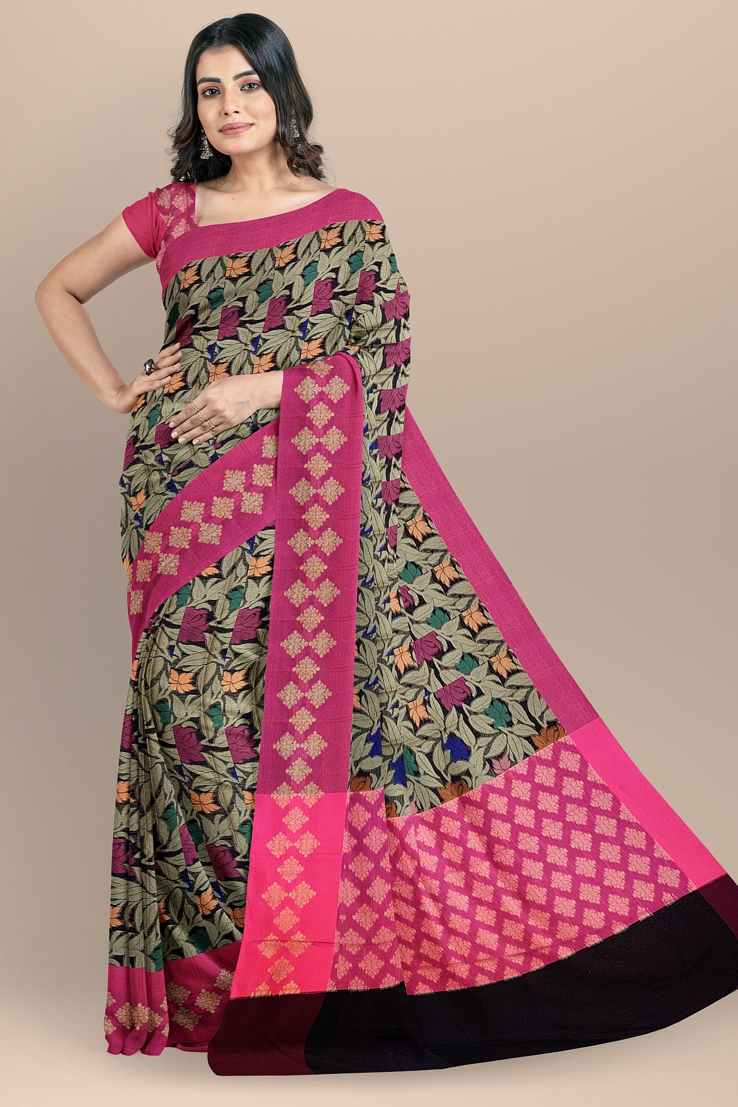 Graceful Black Organza Saree with Floral Meenakari Zaal and Contrast Pink Pallu