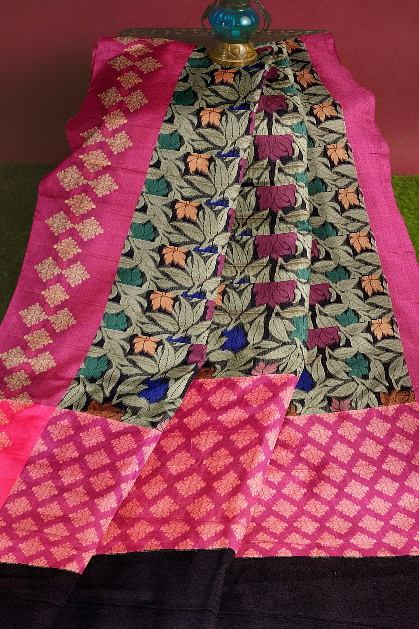 Graceful Black Organza Saree with Floral Meenakari Zaal and Contrast Pink Pallu