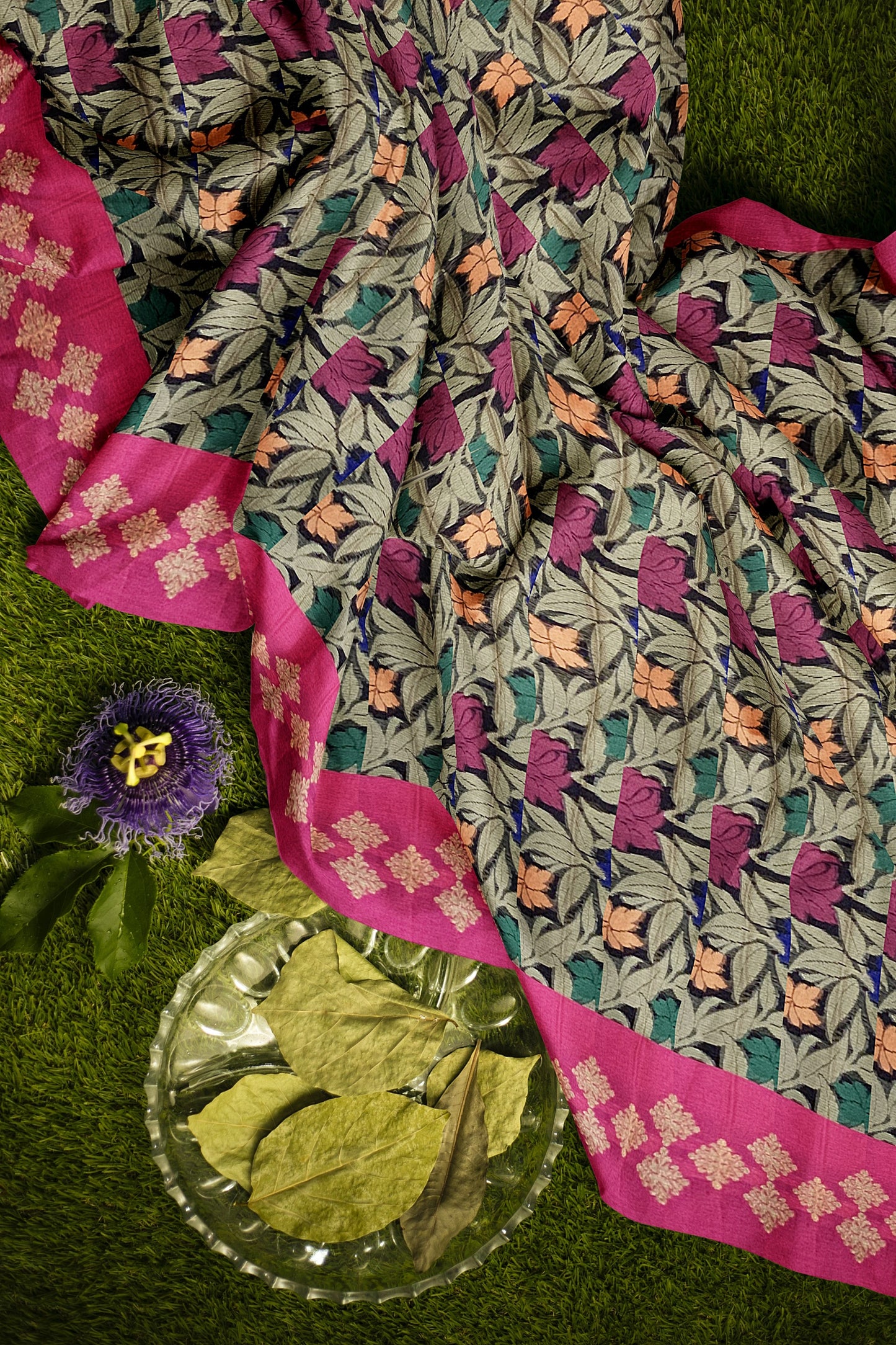 Graceful Black Organza Saree with Floral Meenakari Zaal and Contrast Pink Pallu