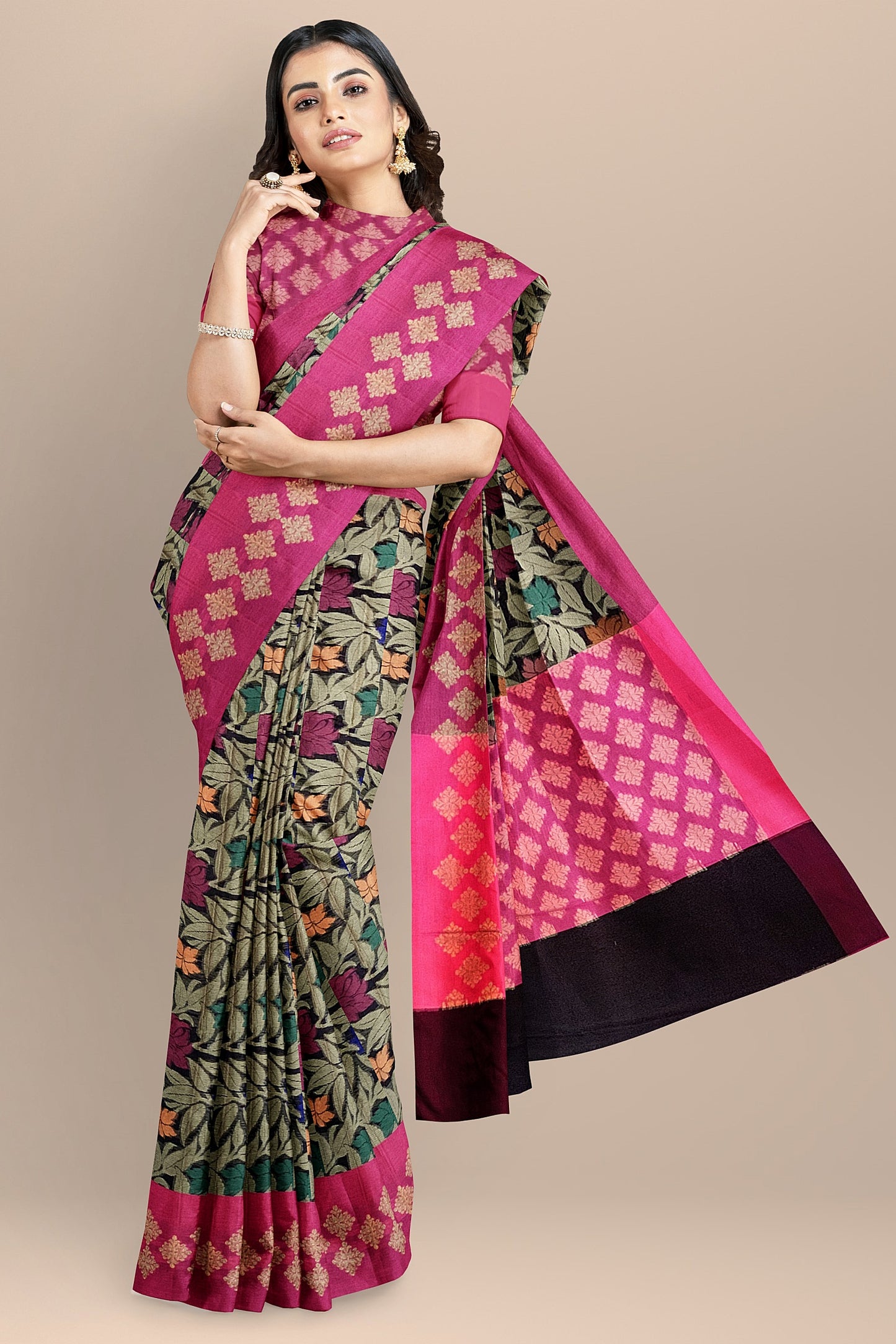 Graceful Black Organza Saree with Floral Meenakari Zaal and Contrast Pink Pallu