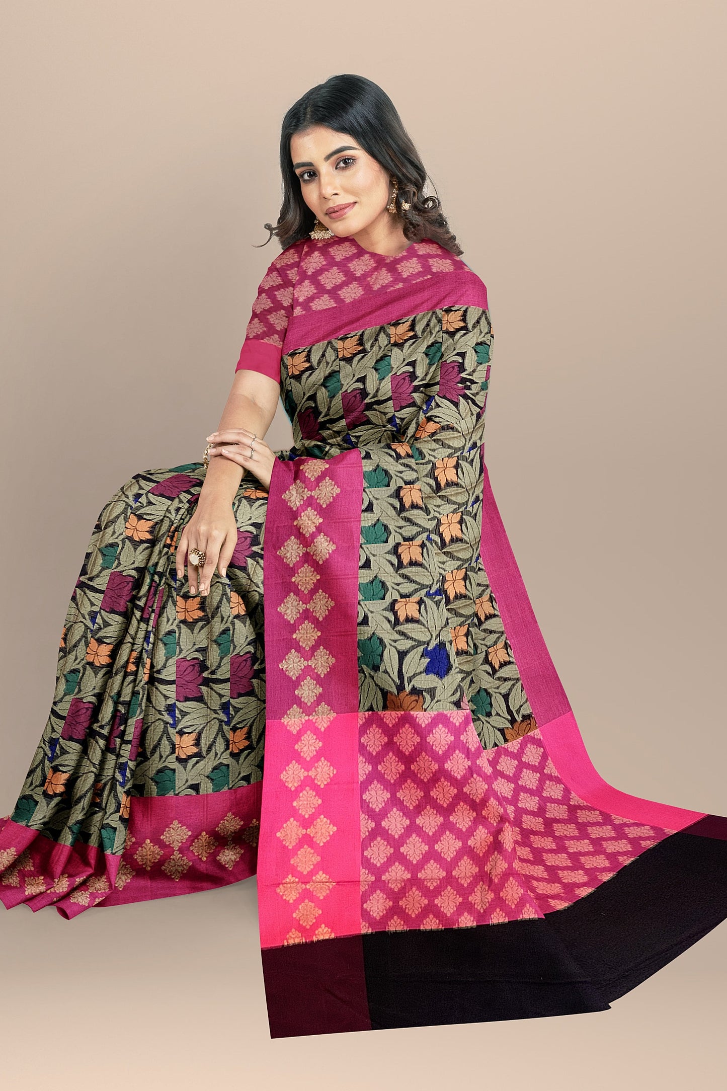 Graceful Black Organza Saree with Floral Meenakari Zaal and Contrast Pink Pallu
