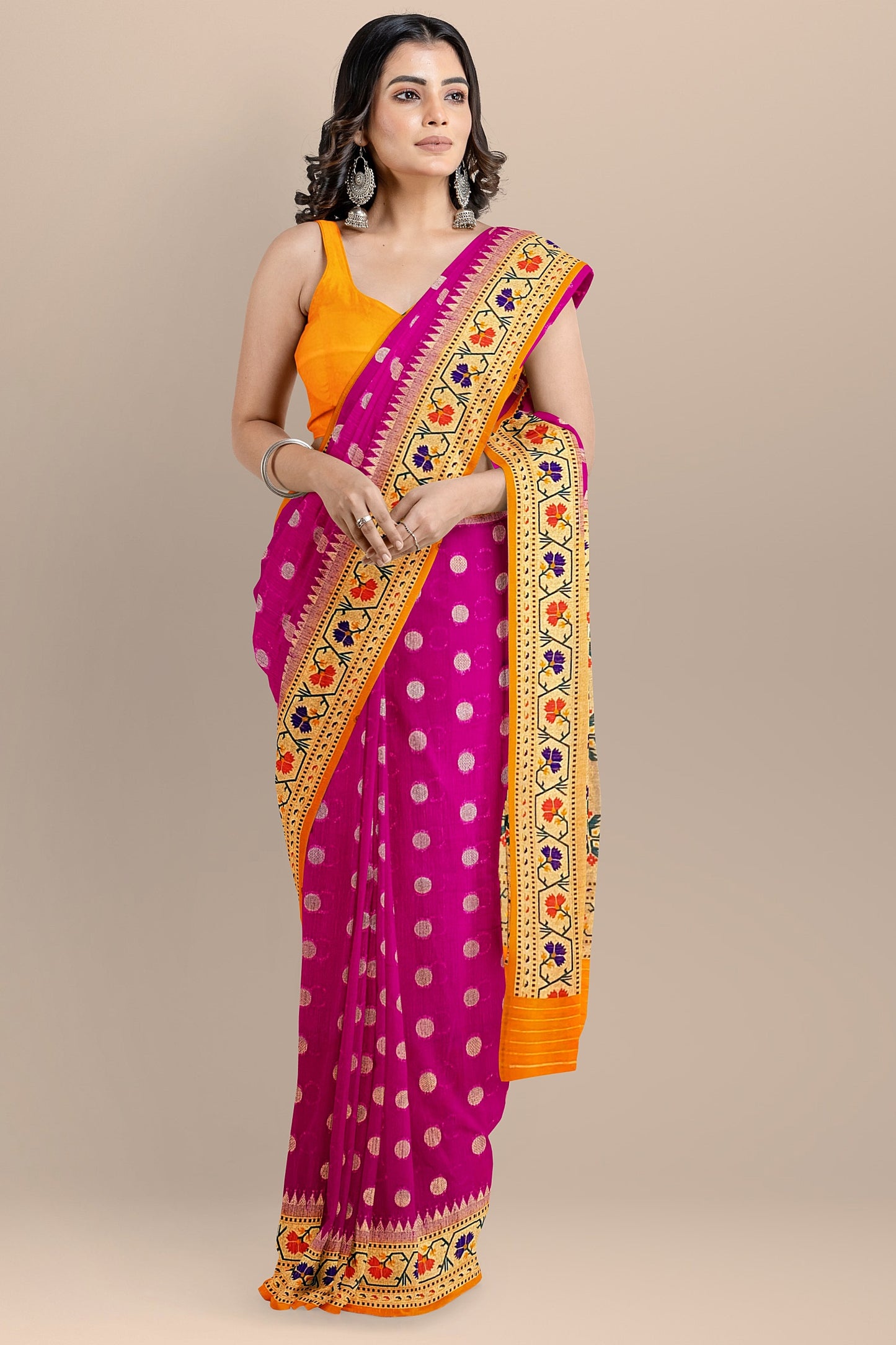 Elegant Pink Matka Silk Saree with Meenakari Border and Pallu in Orange Color, Polka Dot Design