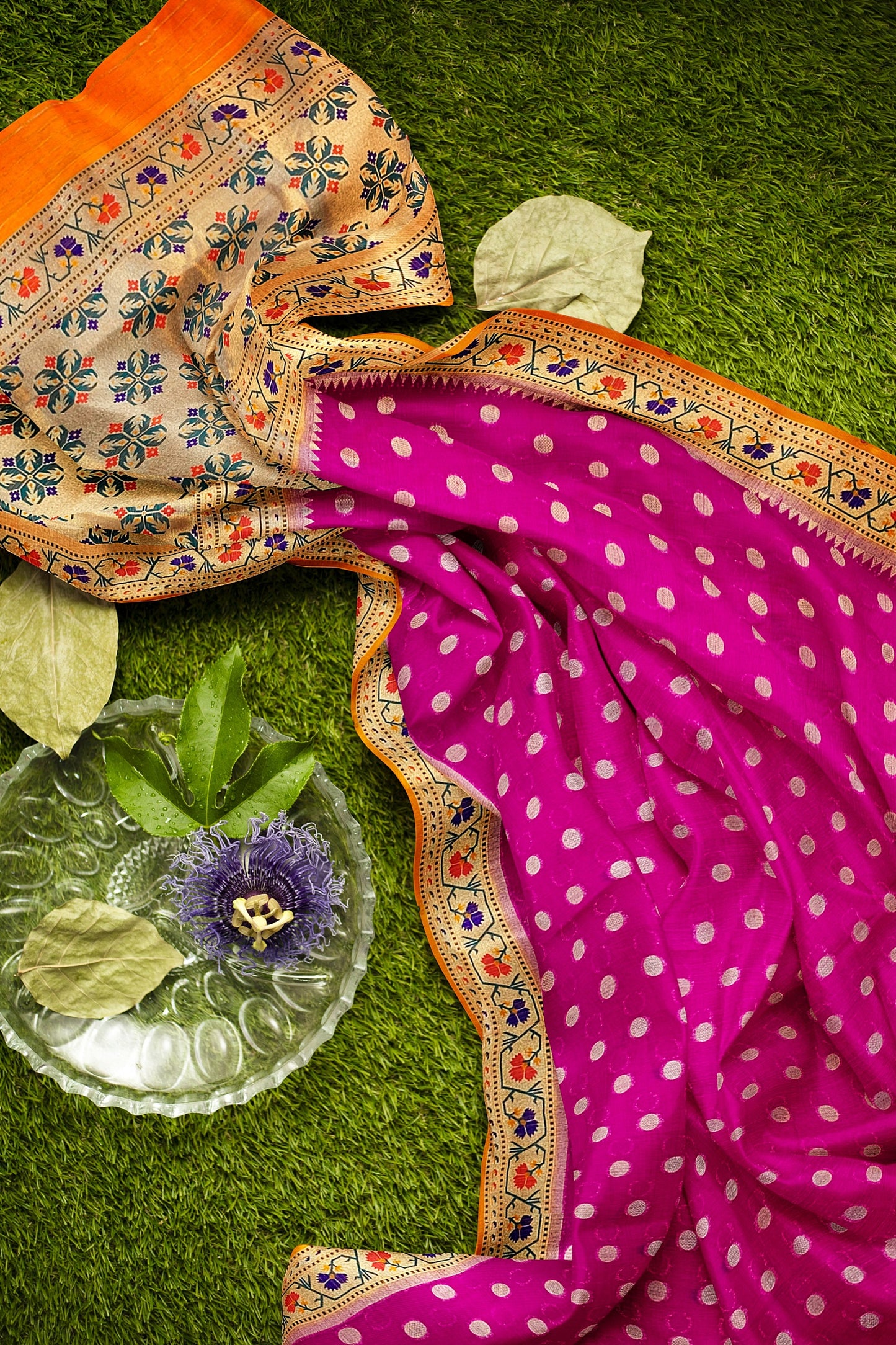 Elegant Pink Matka Silk Saree with Meenakari Border and Pallu in Orange Color, Polka Dot Design