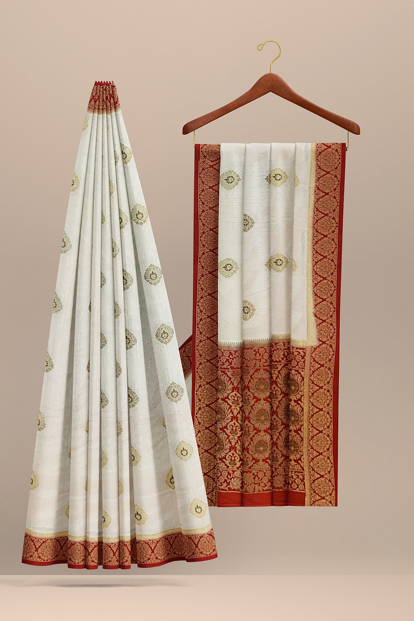 Exquisite Off-White Silk Saree with Red Unique Design, Copper and Golden Zari Boota