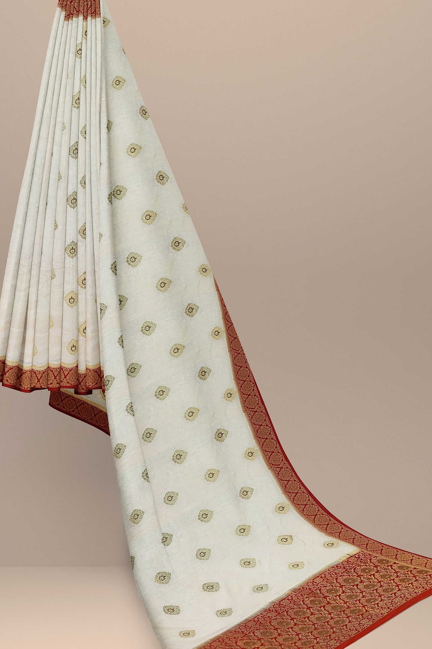 Exquisite Off-White Silk Saree with Red Unique Design, Copper and Golden Zari Boota