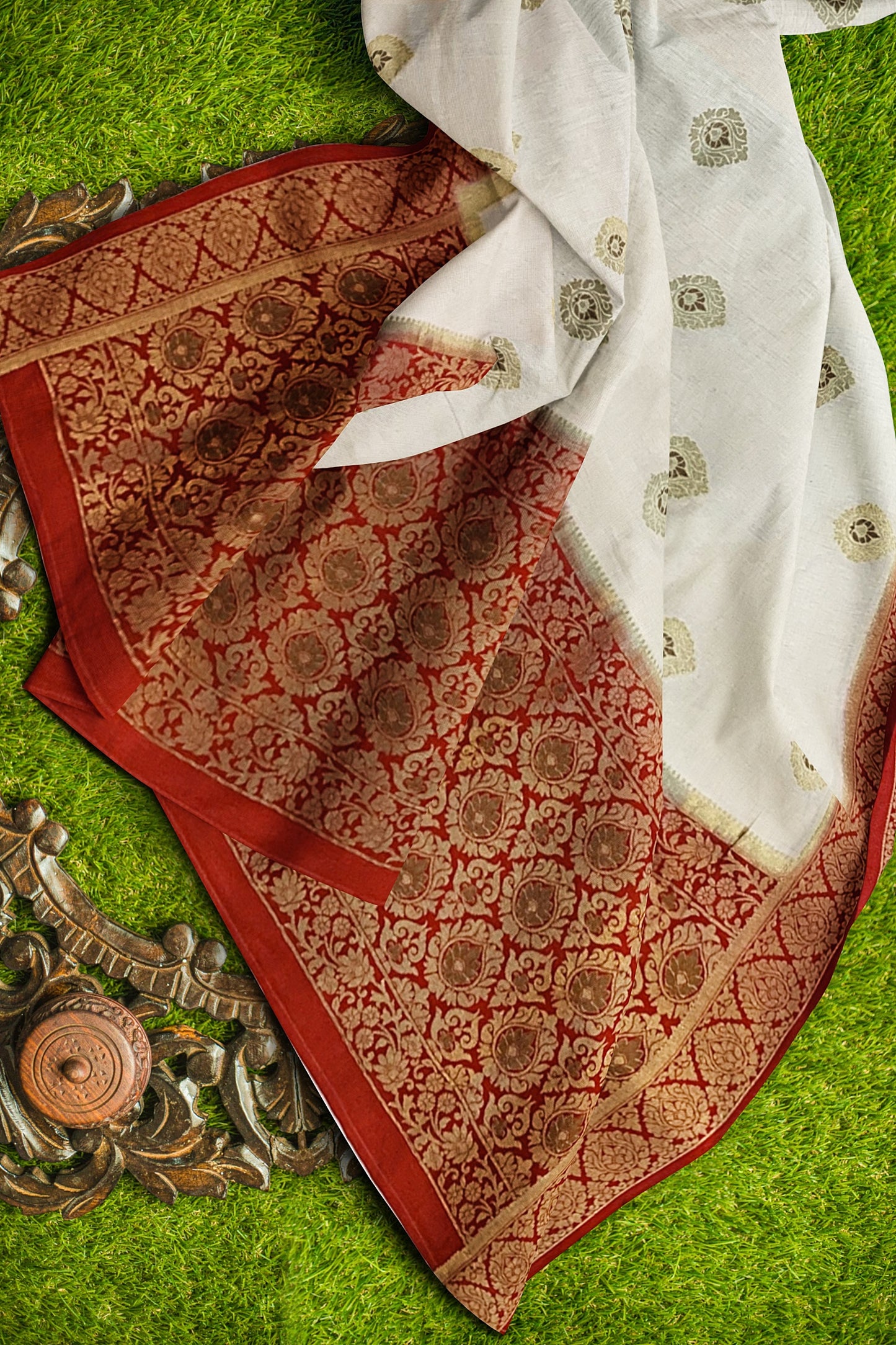 Exquisite Off-White Silk Saree with Red Unique Design, Copper and Golden Zari Boota