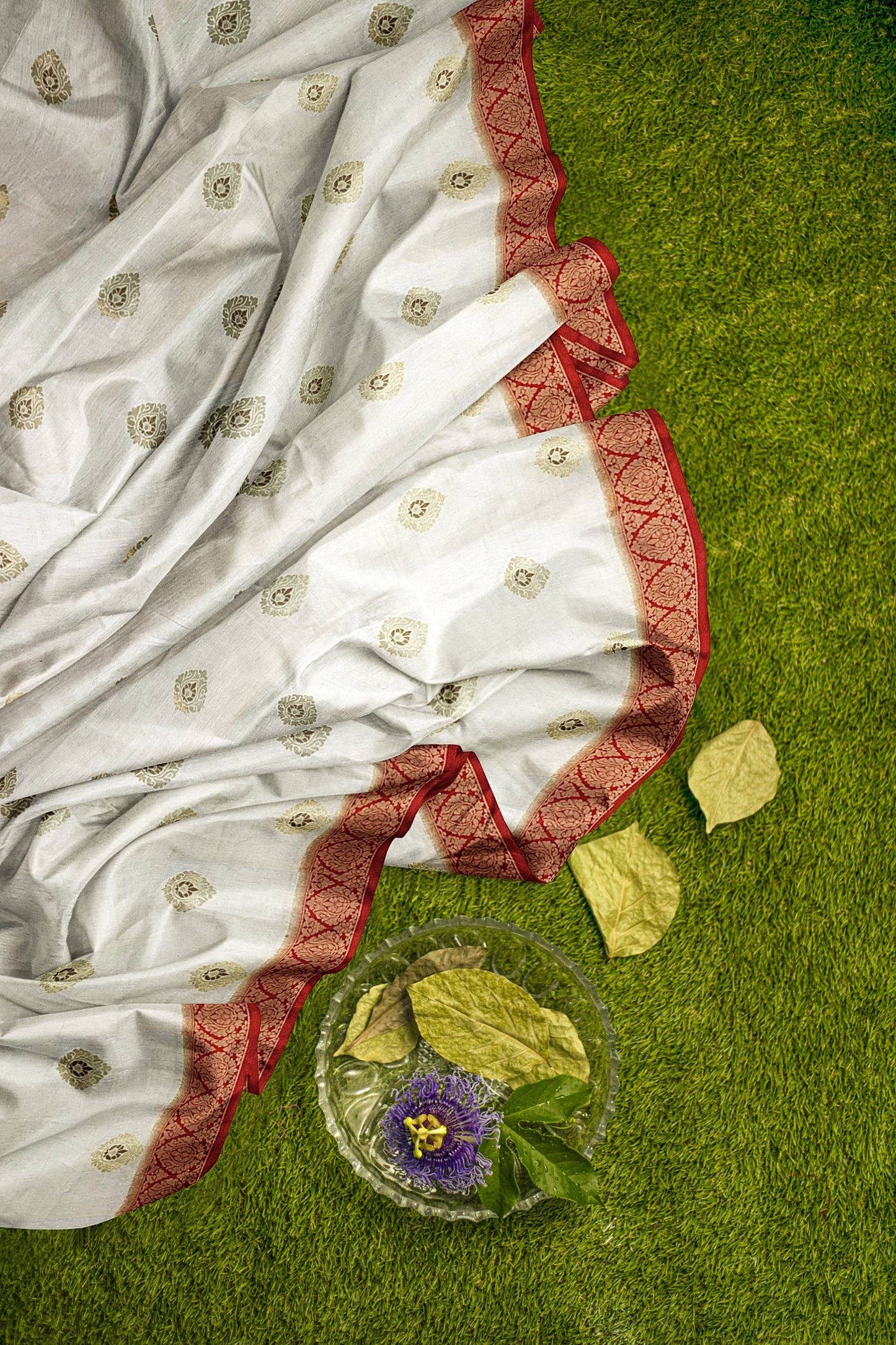Exquisite Off-White Silk Saree with Red Unique Design, Copper and Golden Zari Boota