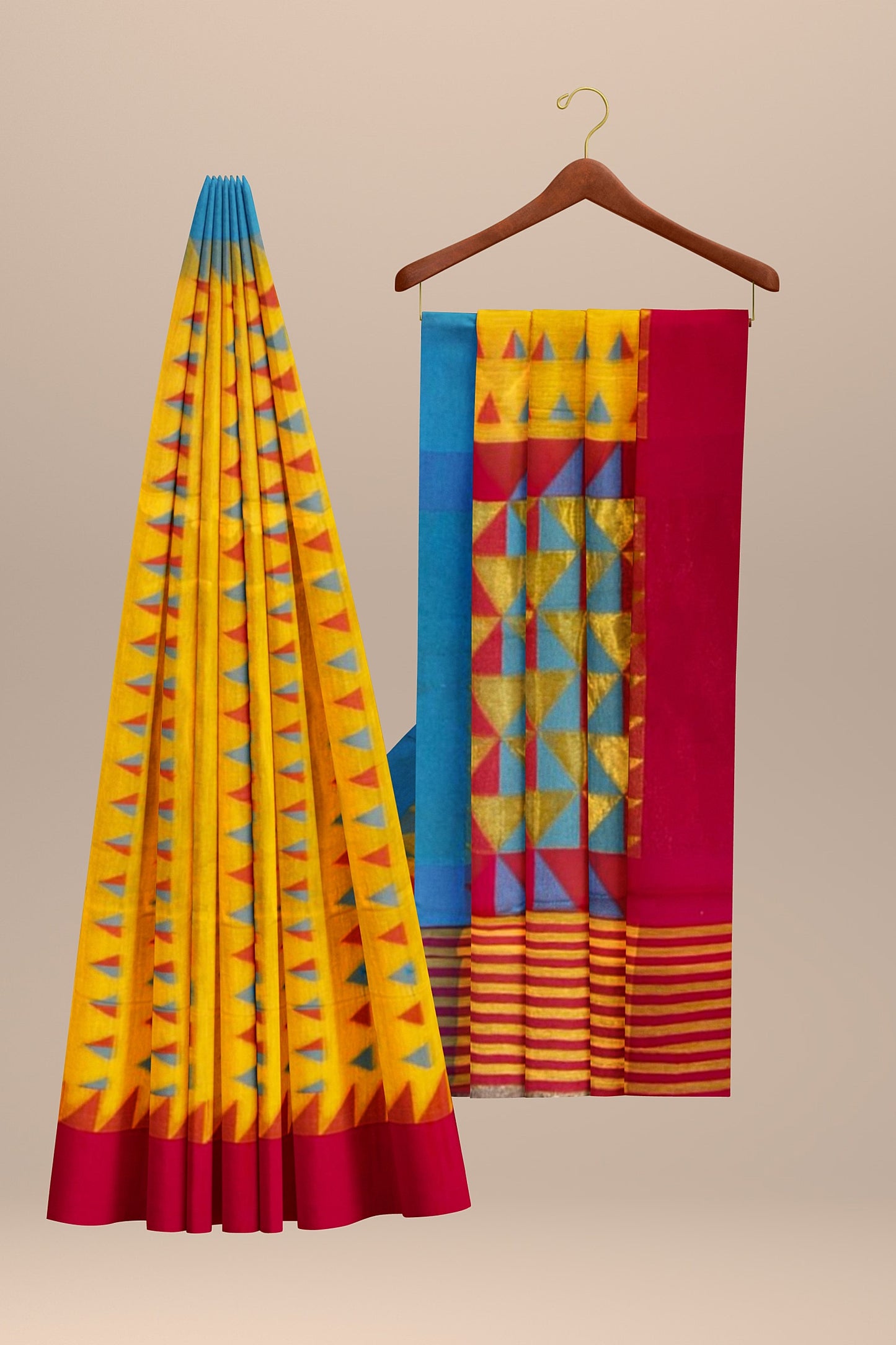Light Yellow and Red Cotton Saree with Triangle Resham Multi-Motifs