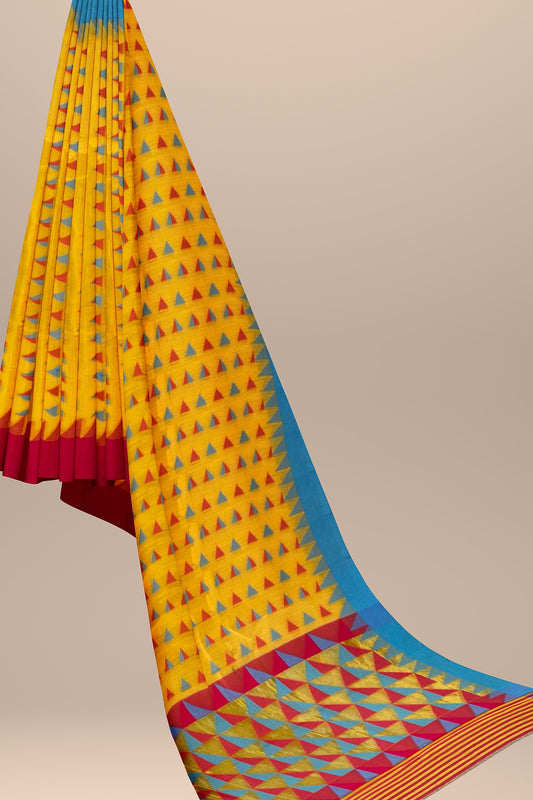 Light Yellow and Red Cotton Saree with Triangle Resham Multi-Motifs