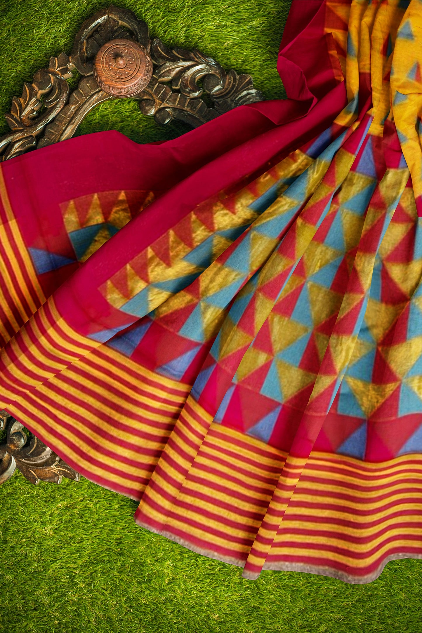 Light Yellow and Red Cotton Saree with Triangle Resham Multi-Motifs