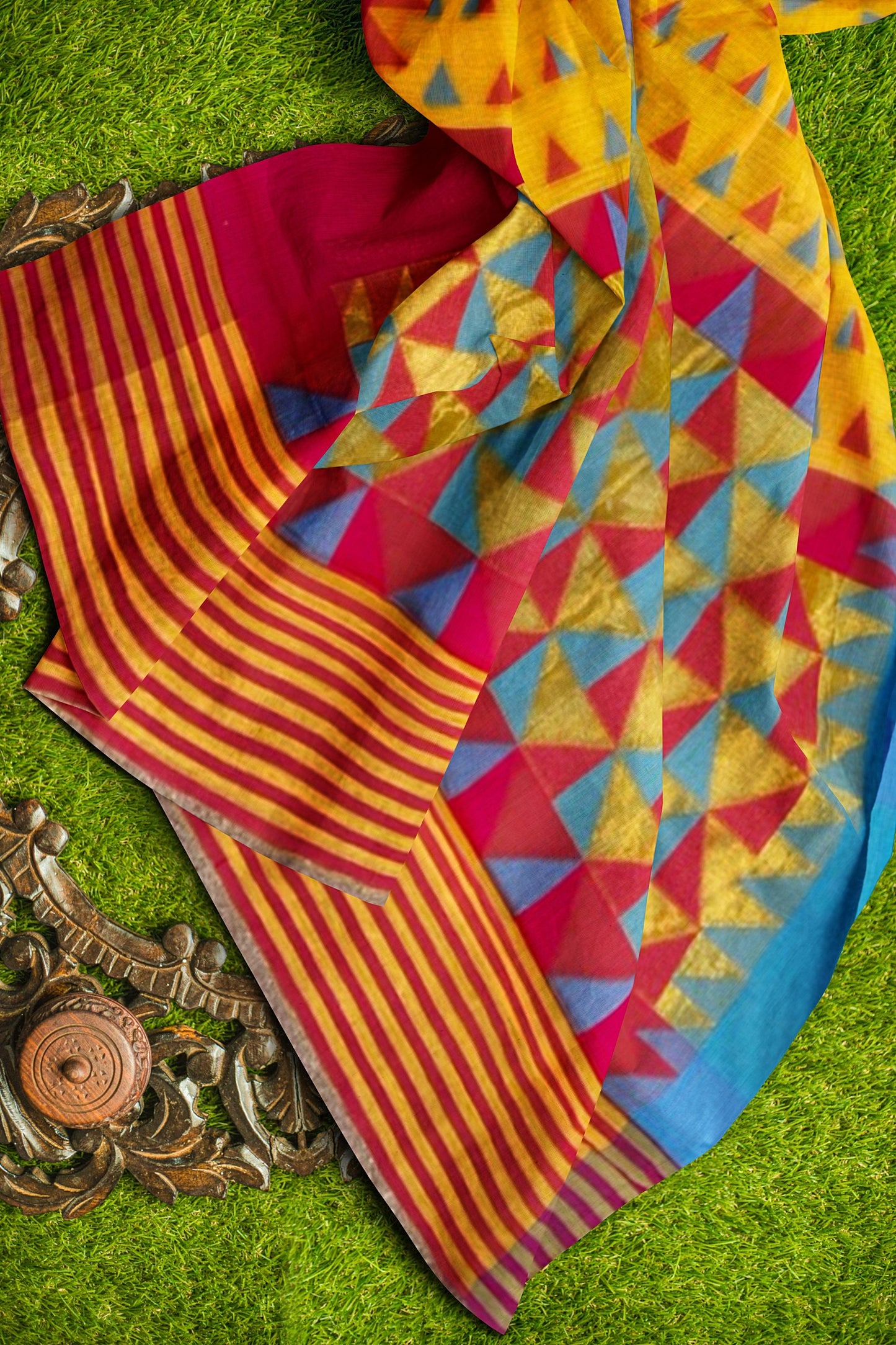 Light Yellow and Red Cotton Saree with Triangle Resham Multi-Motifs