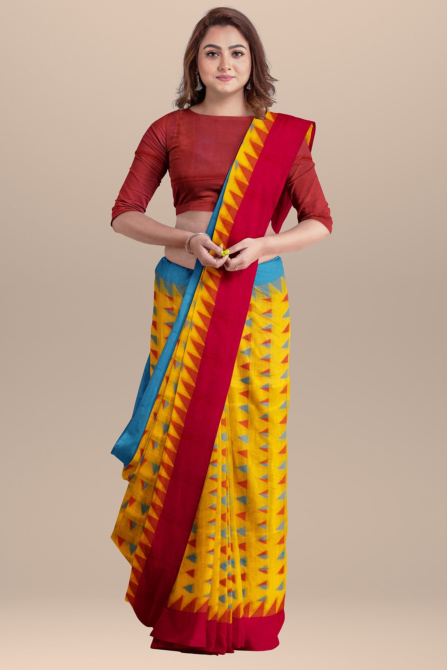 Light Yellow and Red Cotton Saree with Triangle Resham Multi-Motifs