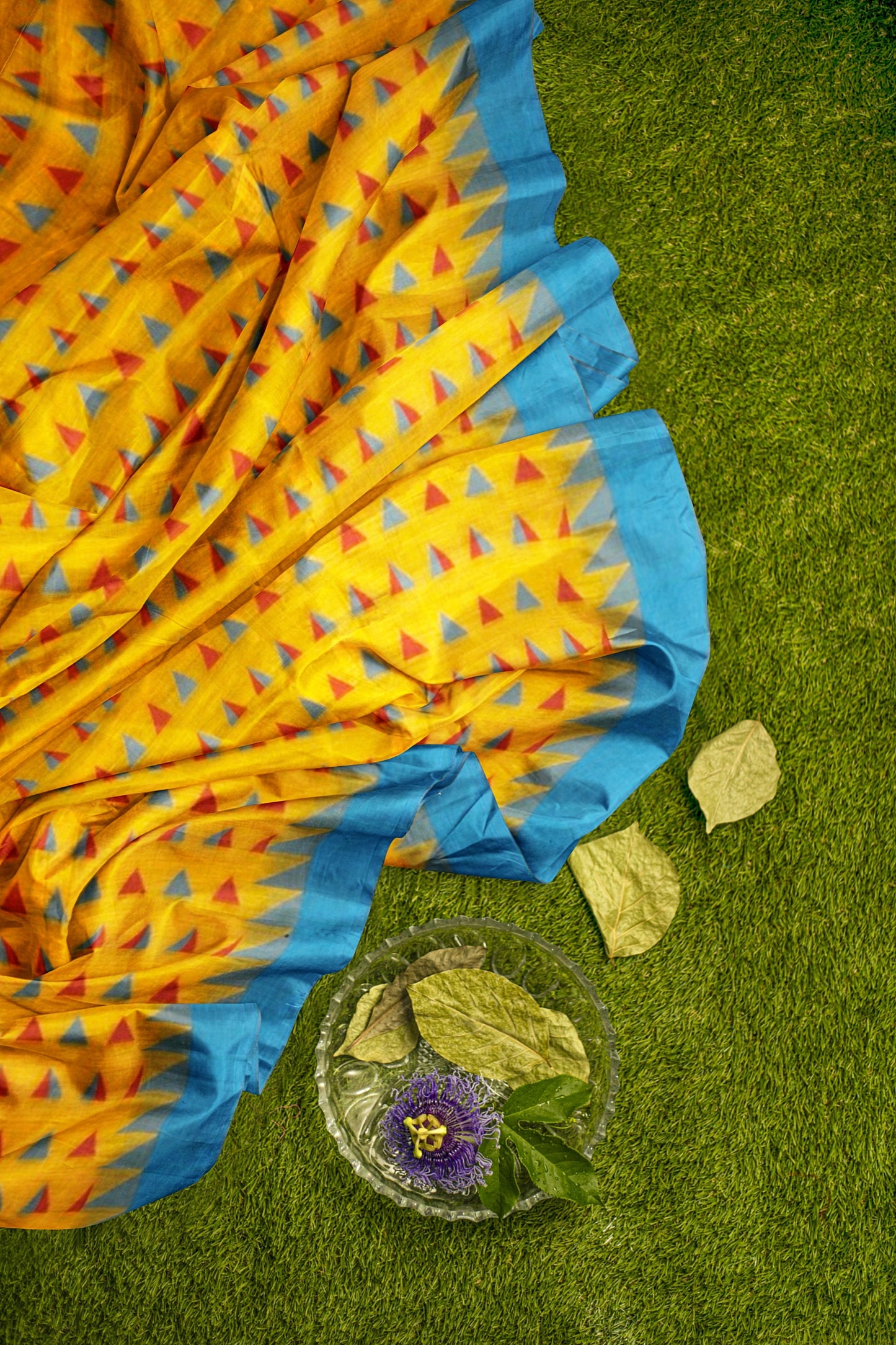 Light Yellow and Red Cotton Saree with Triangle Resham Multi-Motifs