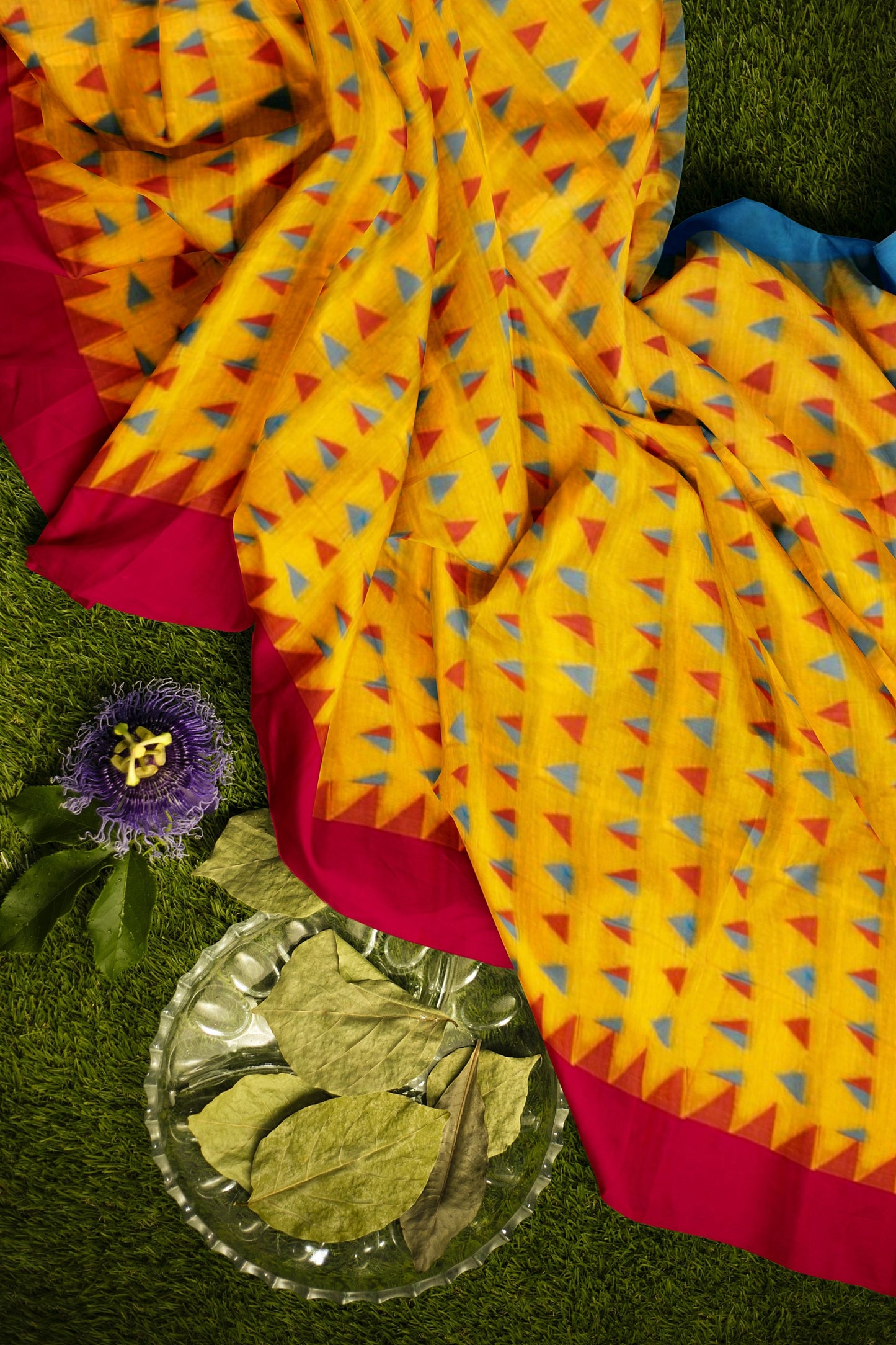 Light Yellow and Red Cotton Saree with Triangle Resham Multi-Motifs