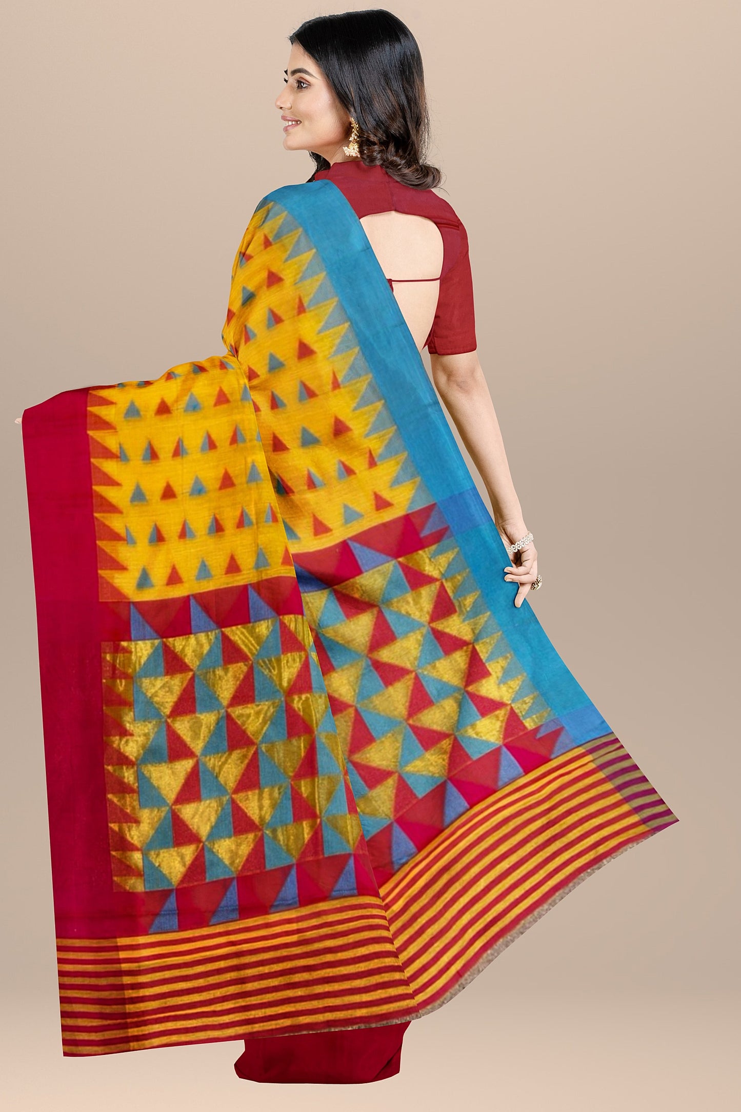 Light Yellow and Red Cotton Saree with Triangle Resham Multi-Motifs