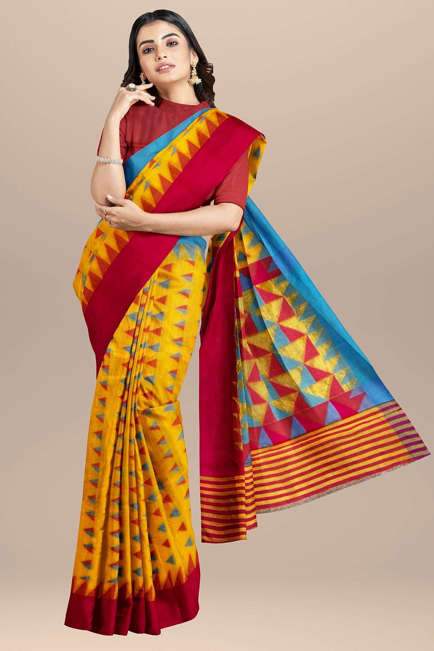 Light Yellow and Red Cotton Saree with Triangle Resham Multi-Motifs