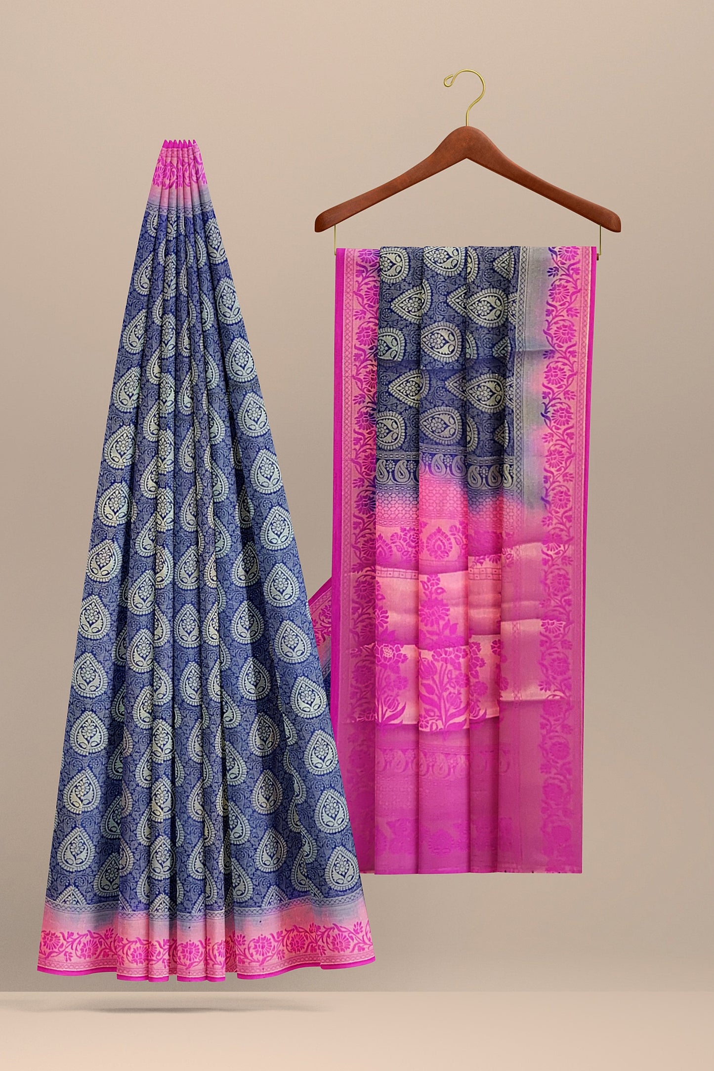 VLS-401 Banarasi Soft Silk Saree with Zari Tanchui Weaving – Navy Blue & Rani Pink Contrast