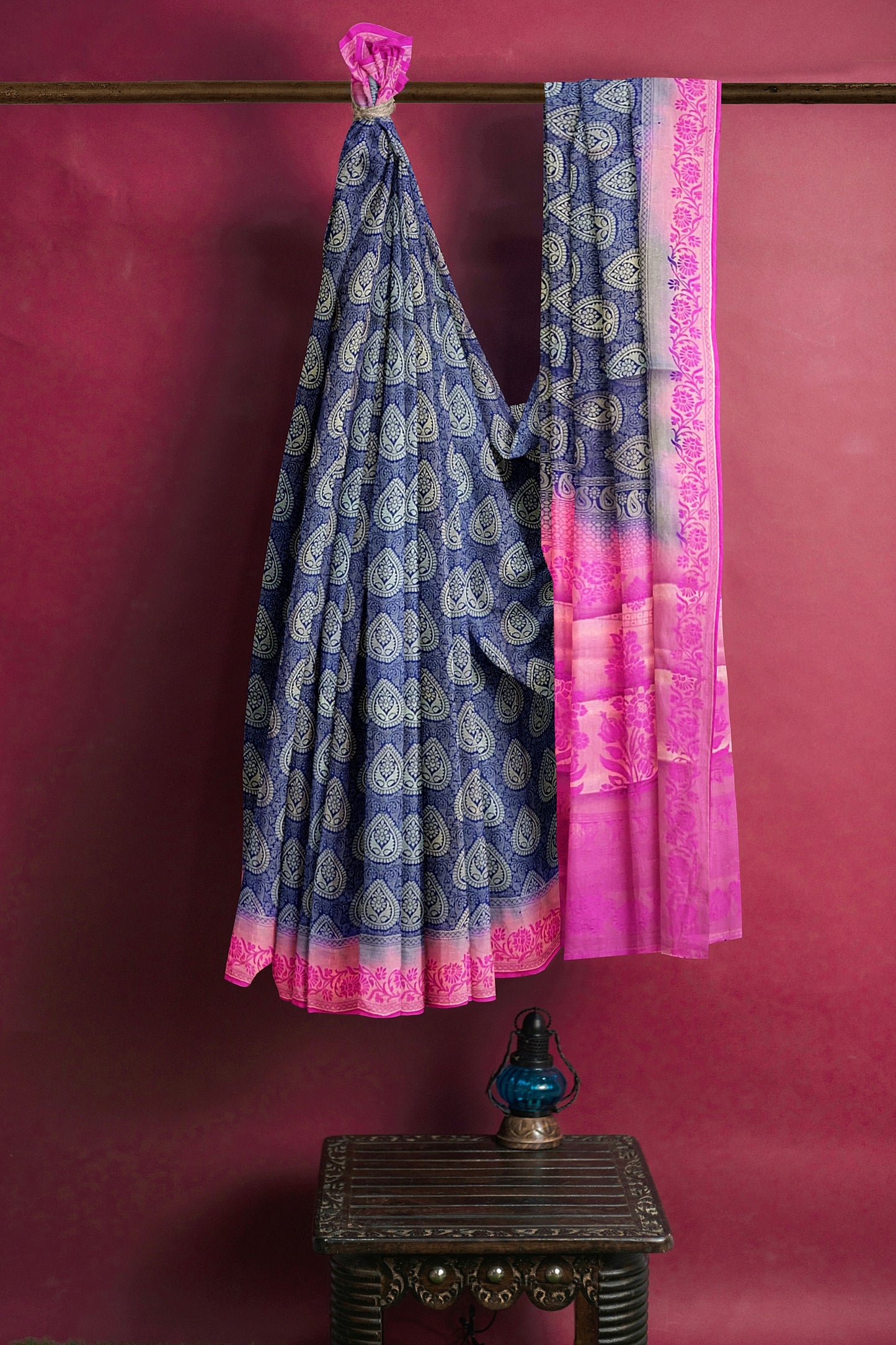 VLS-401 Banarasi Soft Silk Saree with Zari Tanchui Weaving – Navy Blue & Rani Pink Contrast