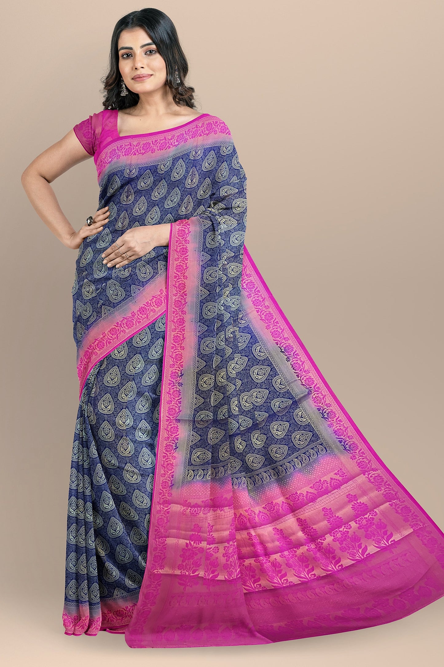 VLS-401 Banarasi Soft Silk Saree with Zari Tanchui Weaving – Navy Blue & Rani Pink Contrast