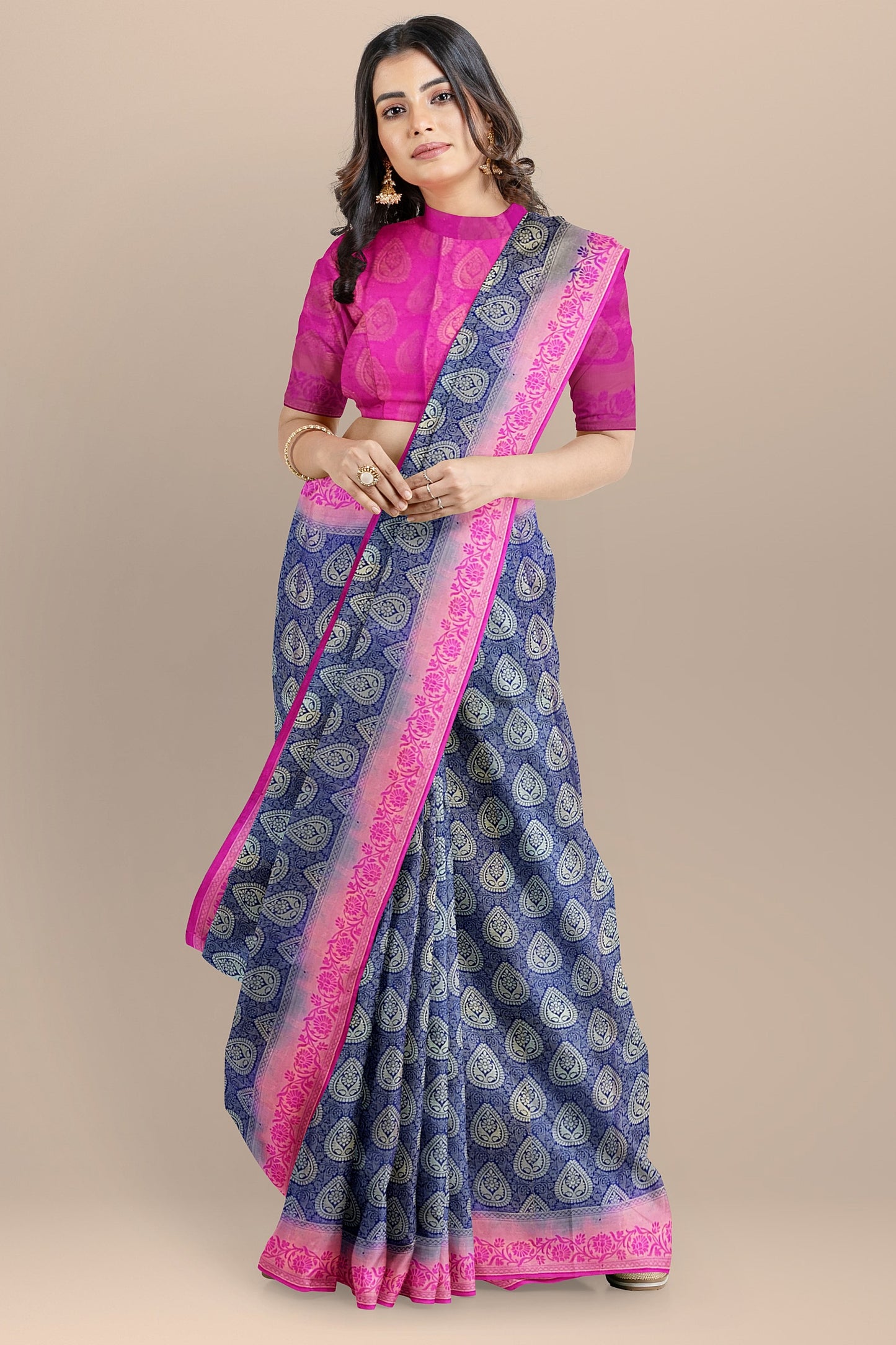 VLS-401 Banarasi Soft Silk Saree with Zari Tanchui Weaving – Navy Blue & Rani Pink Contrast
