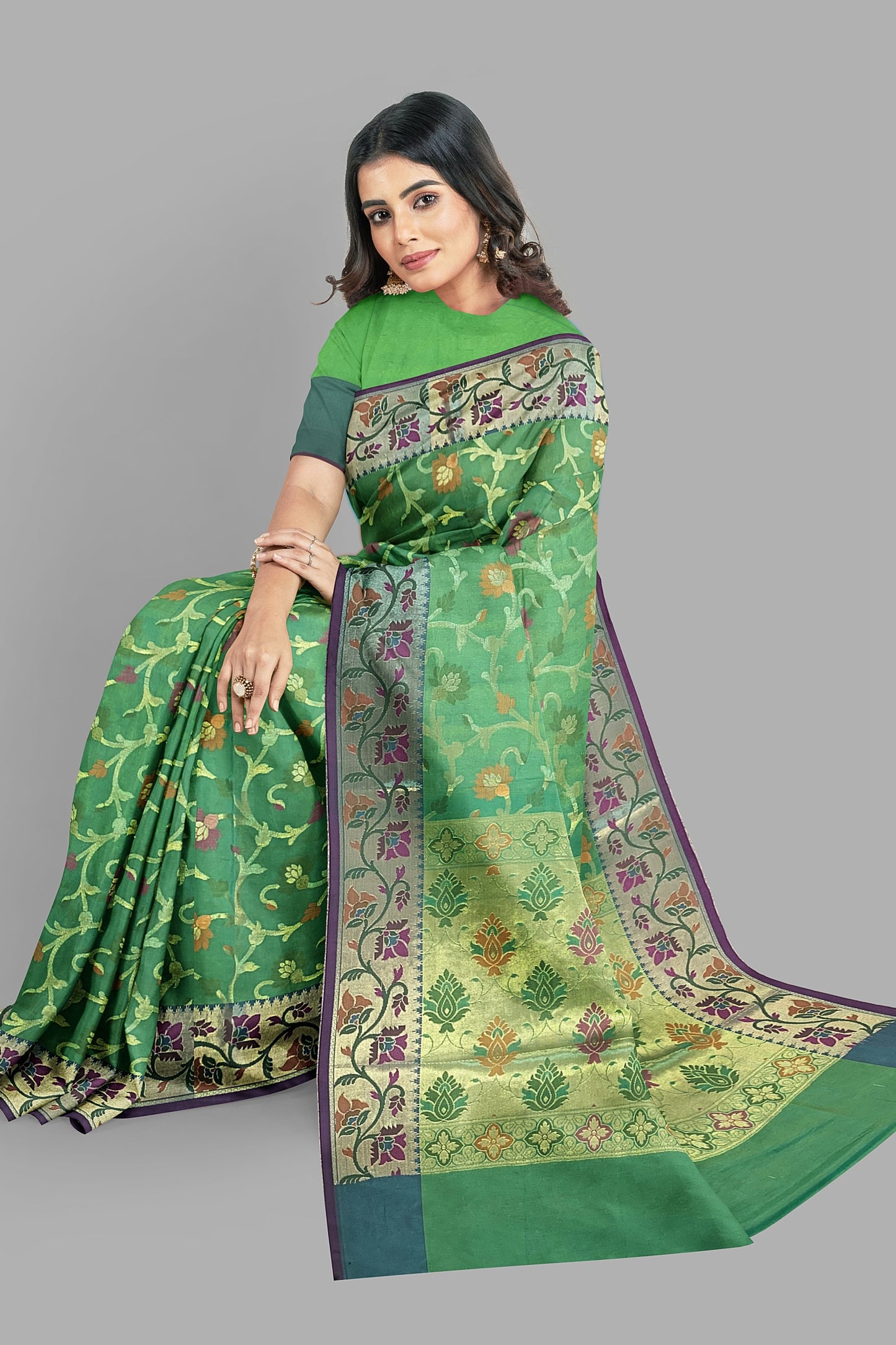 Graceful Light Green Silk Saree with Meenakari Floral Zaal