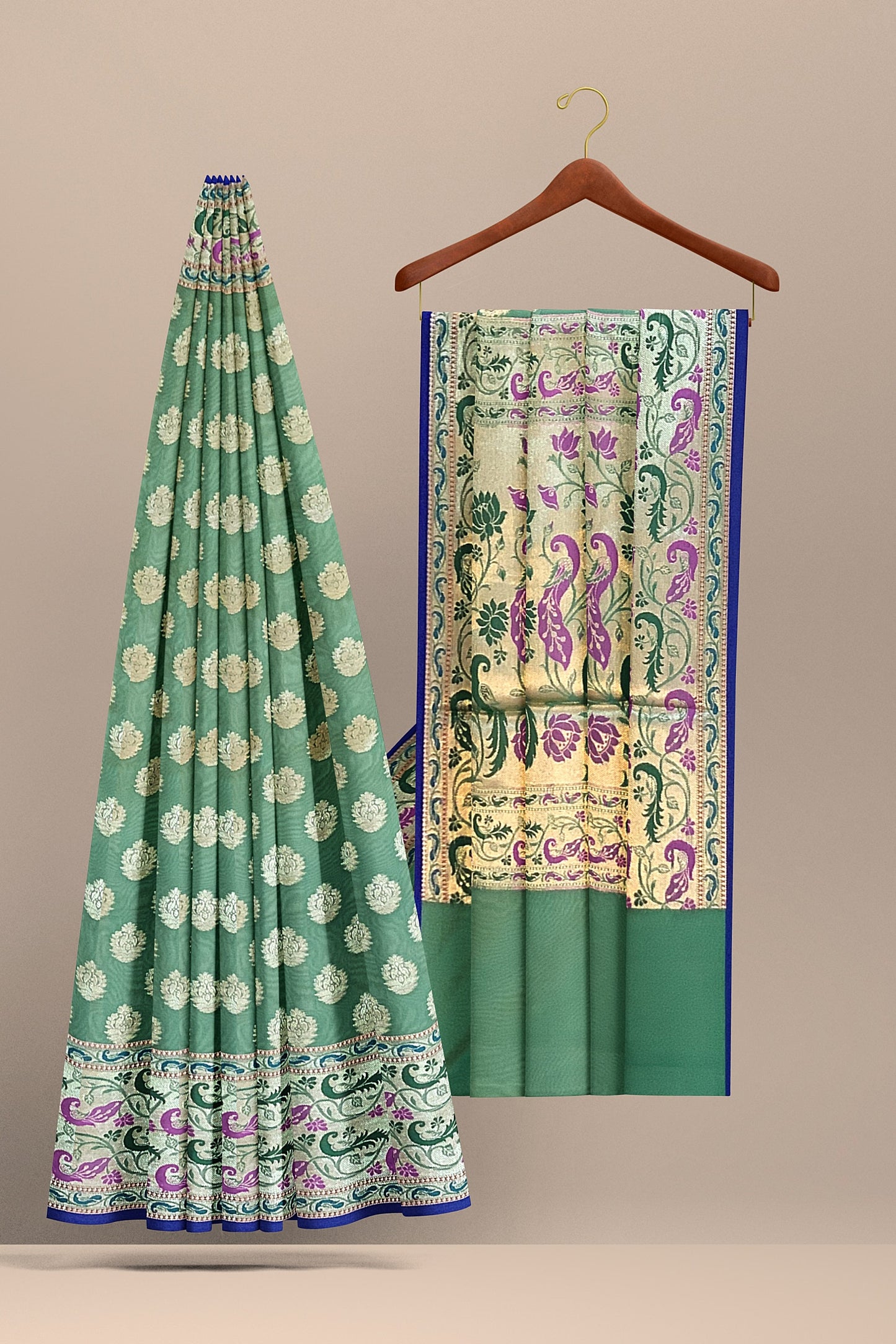 Pastel Green Paithani Saree with Golden Booti Design, Meenakari Border and Pallu