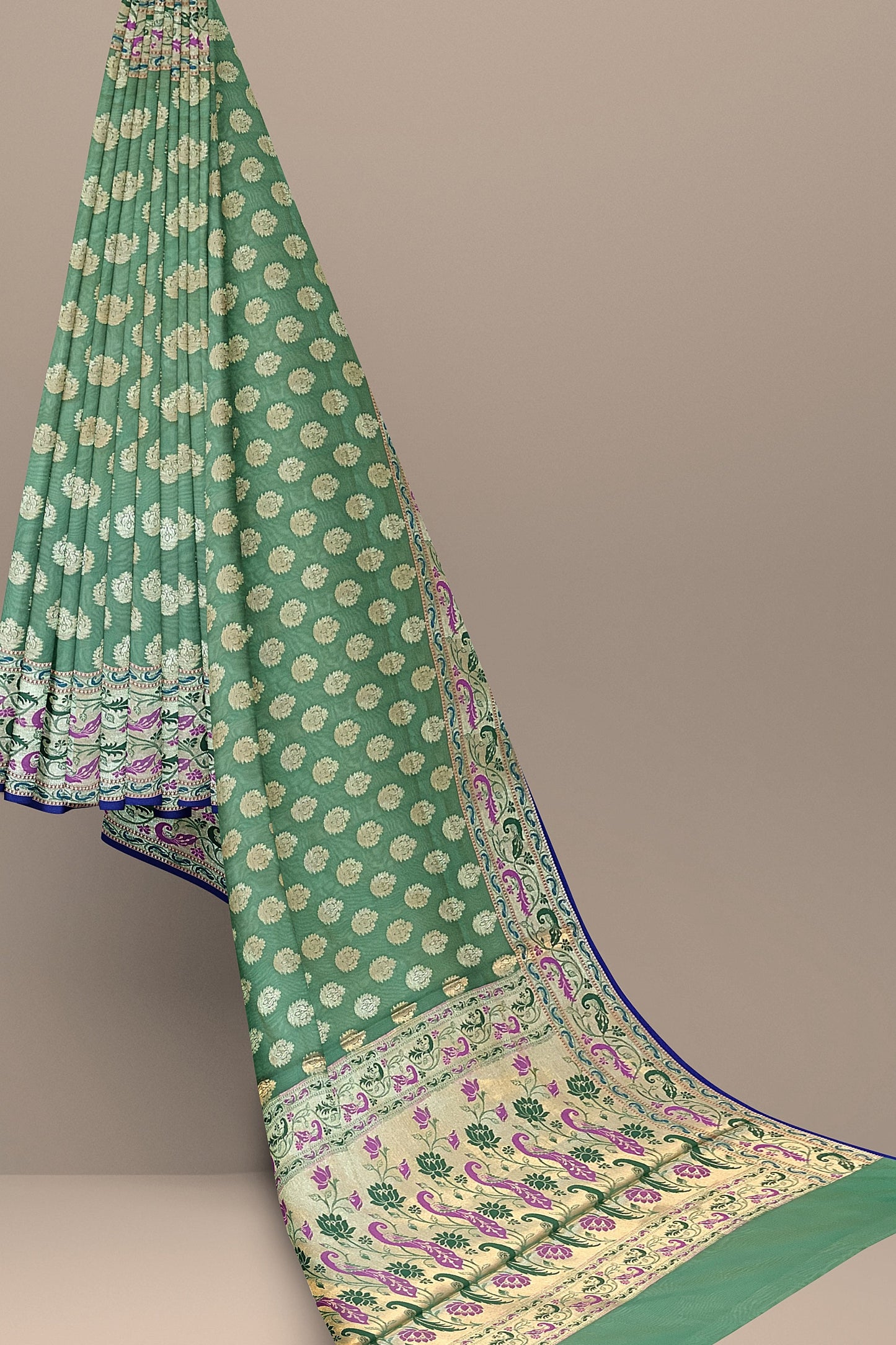 Pastel Green Paithani Saree with Golden Booti Design, Meenakari Border and Pallu