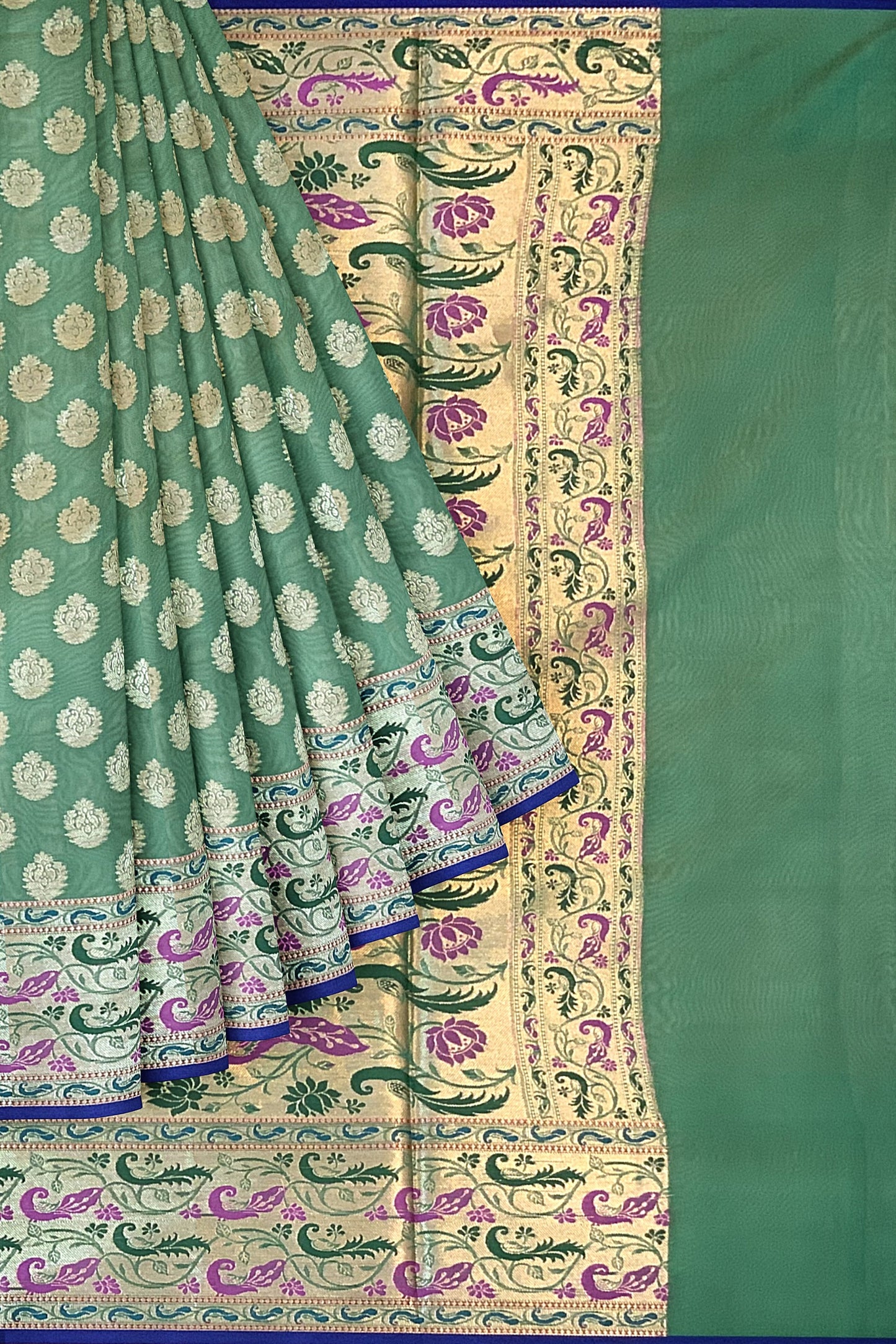 Pastel Green Paithani Saree with Golden Booti Design, Meenakari Border and Pallu