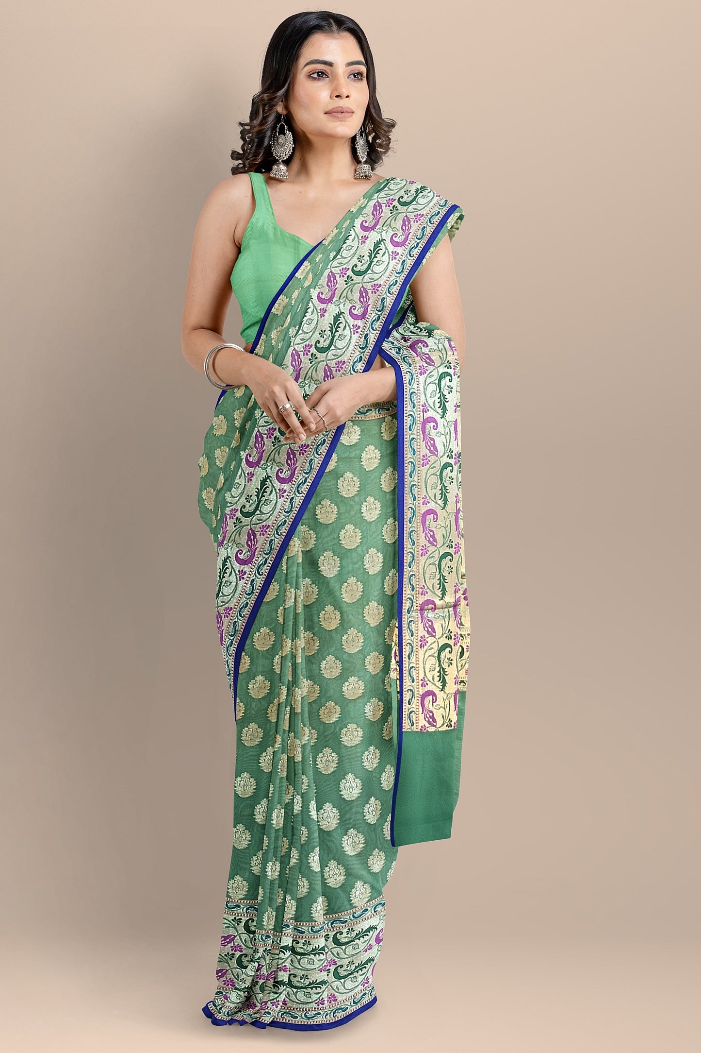 Pastel Green Paithani Saree with Golden Booti Design, Meenakari Border and Pallu