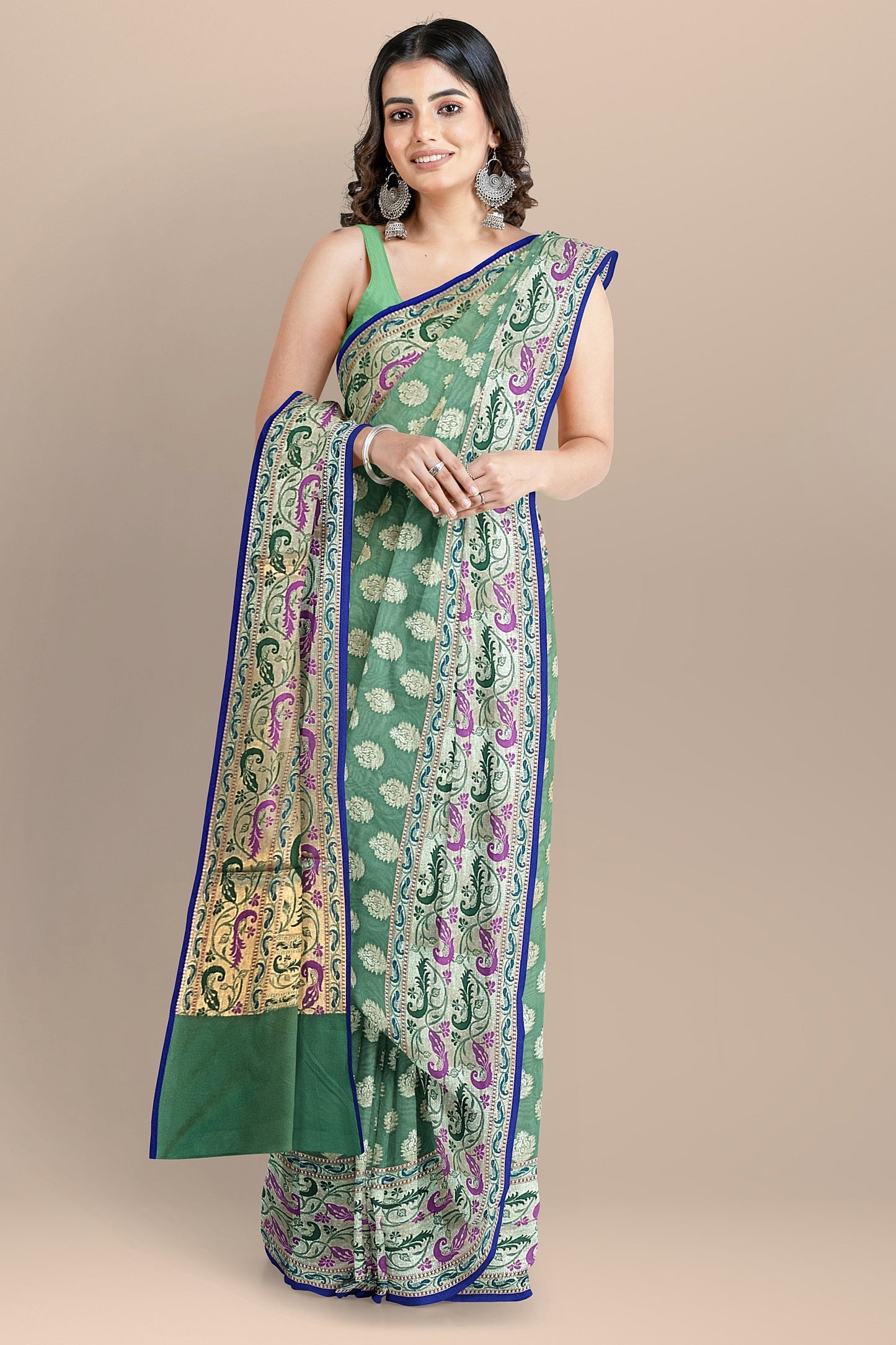 Pastel Green Paithani Saree with Golden Booti Design, Meenakari Border and Pallu
