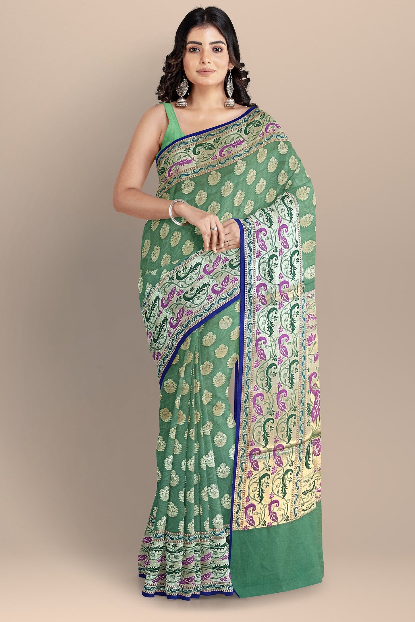Pastel Green Paithani Saree with Golden Booti Design, Meenakari Border and Pallu