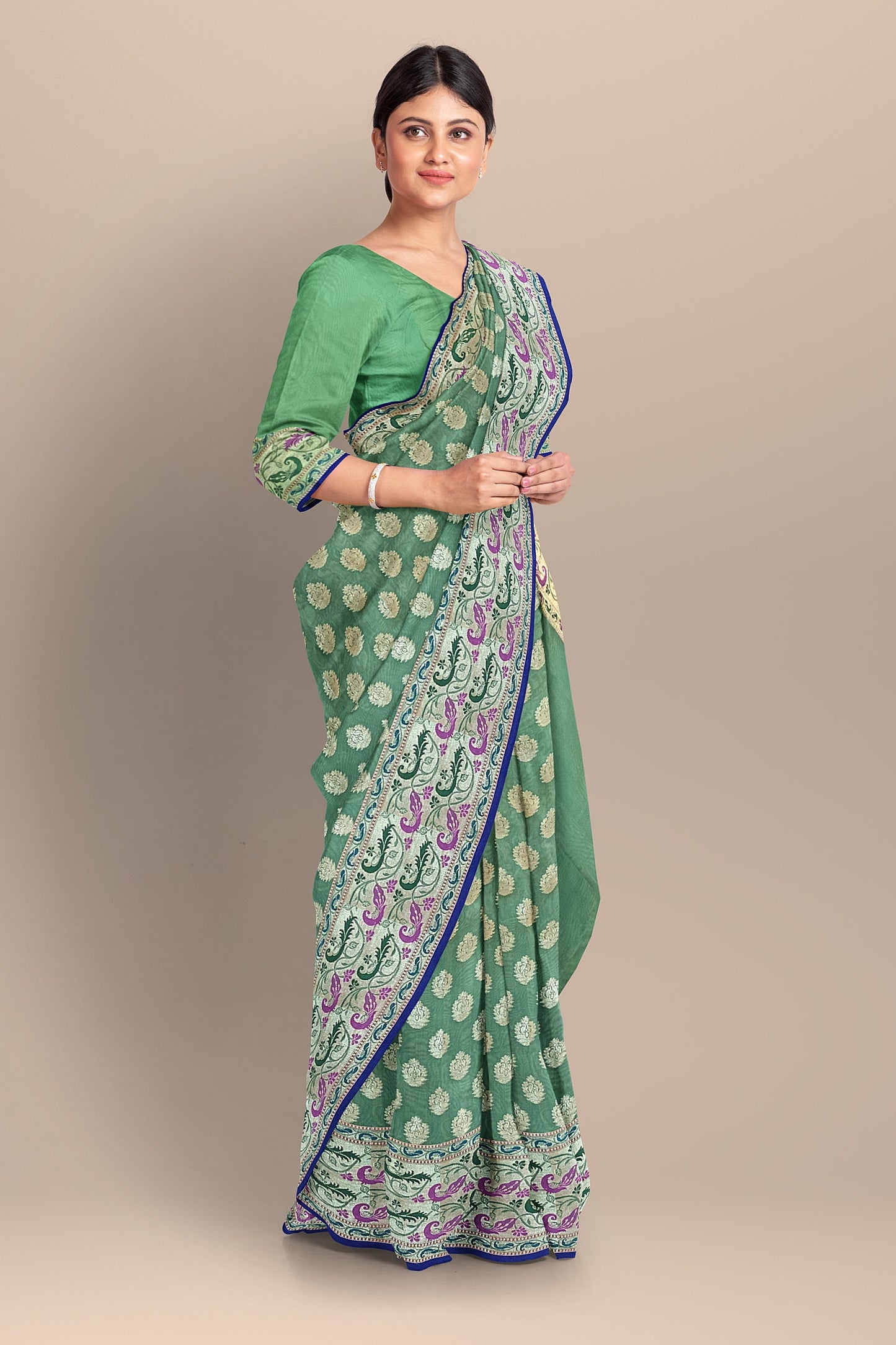 Pastel Green Paithani Saree with Golden Booti Design, Meenakari Border and Pallu
