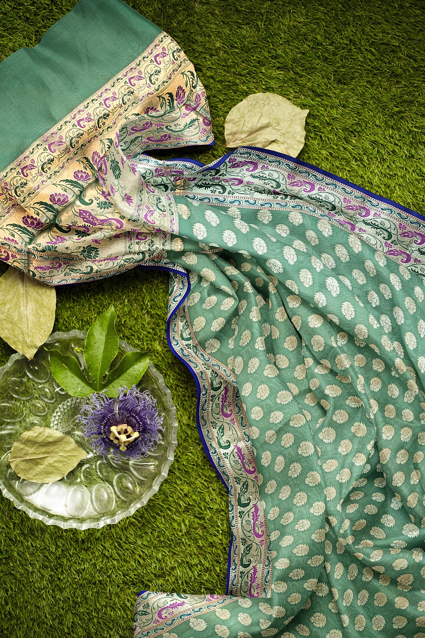 Pastel Green Paithani Saree with Golden Booti Design, Meenakari Border and Pallu