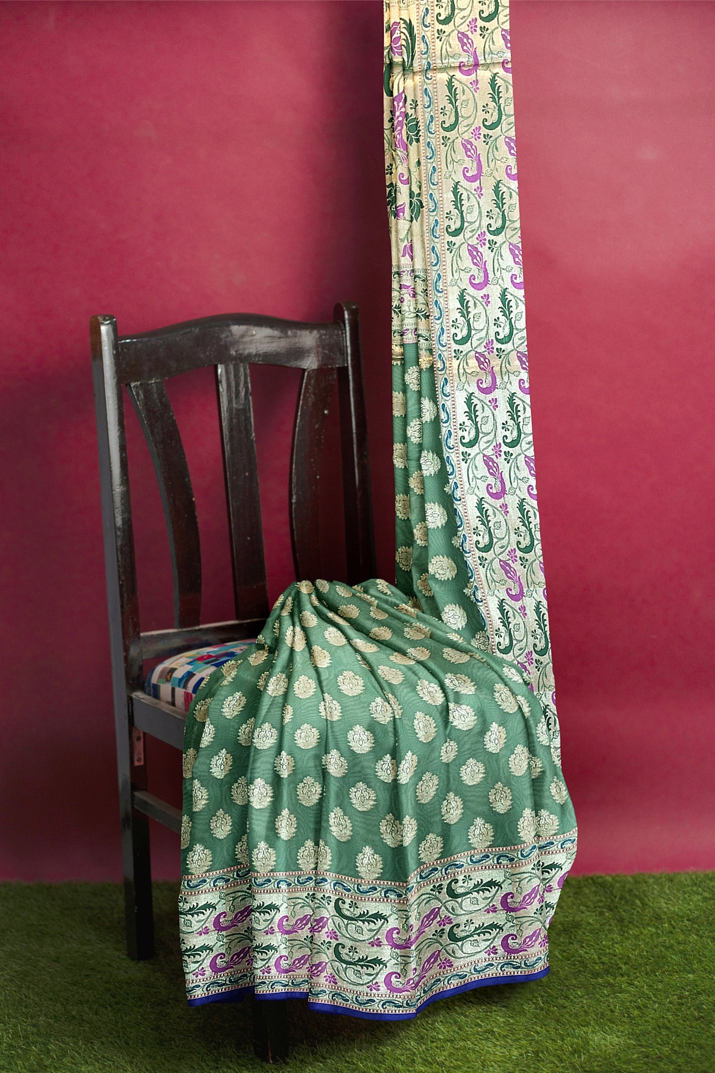 Pastel Green Paithani Saree with Golden Booti Design, Meenakari Border and Pallu