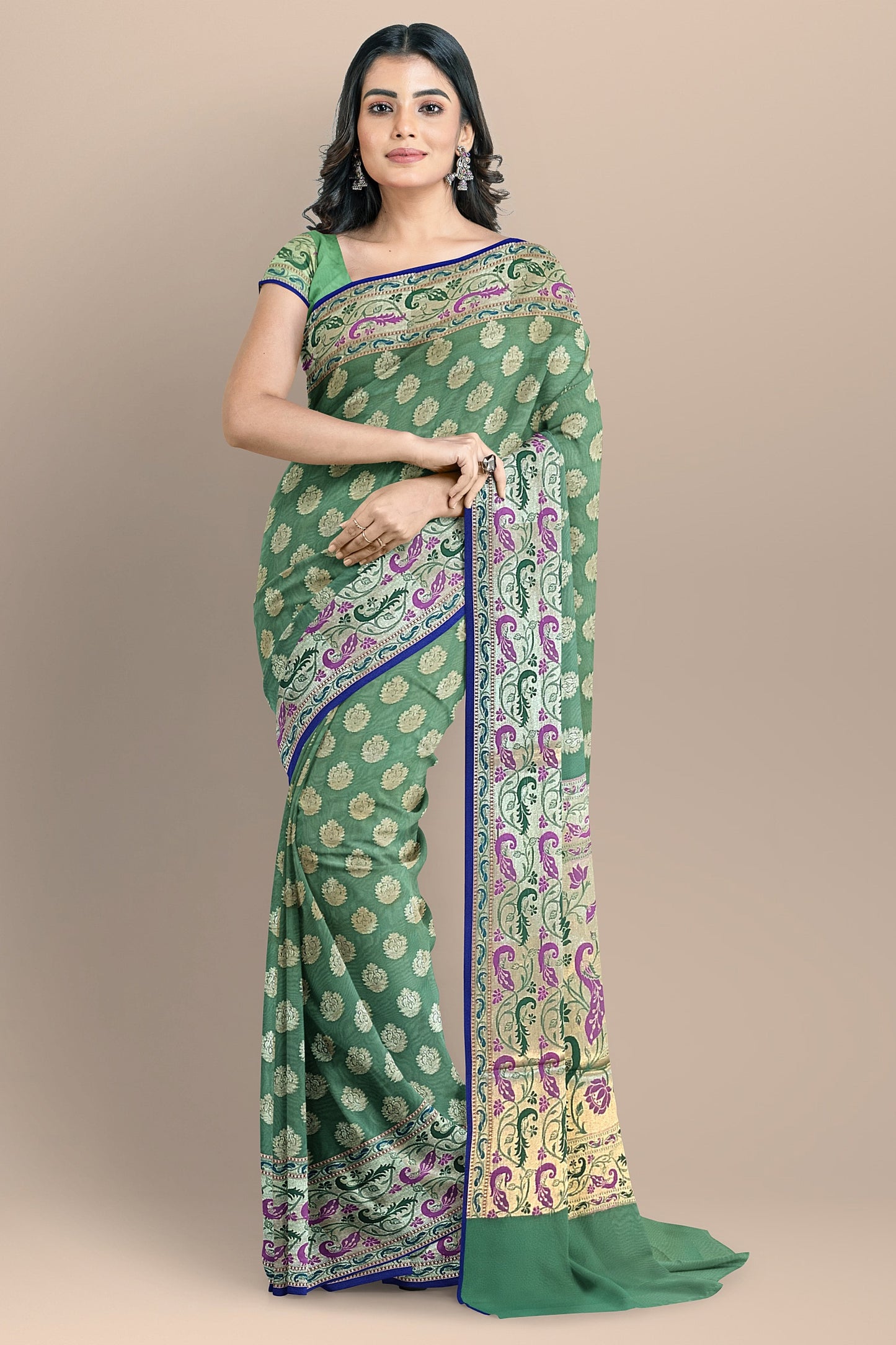 Pastel Green Paithani Saree with Golden Booti Design, Meenakari Border and Pallu