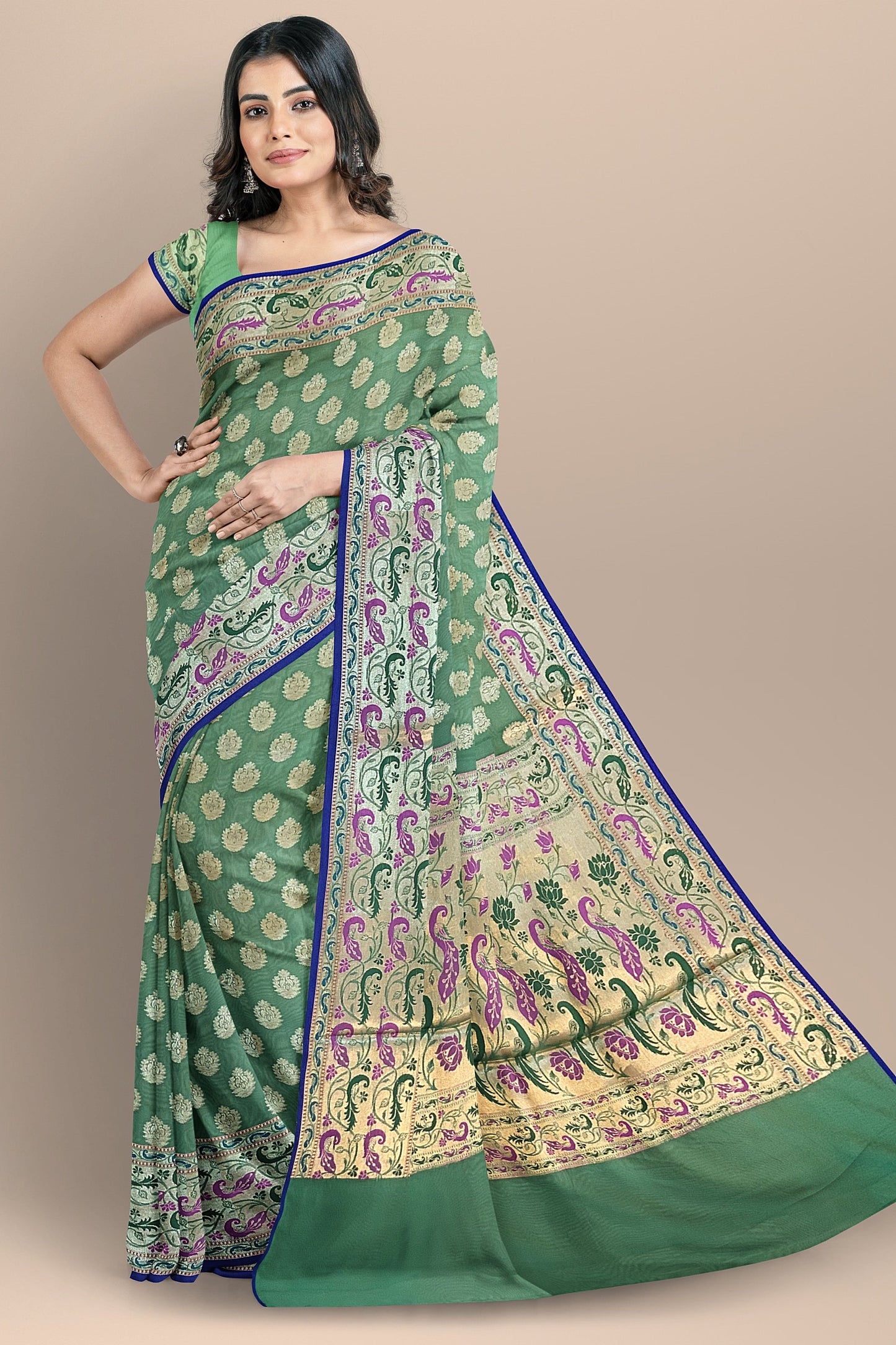 Pastel Green Paithani Saree with Golden Booti Design, Meenakari Border and Pallu
