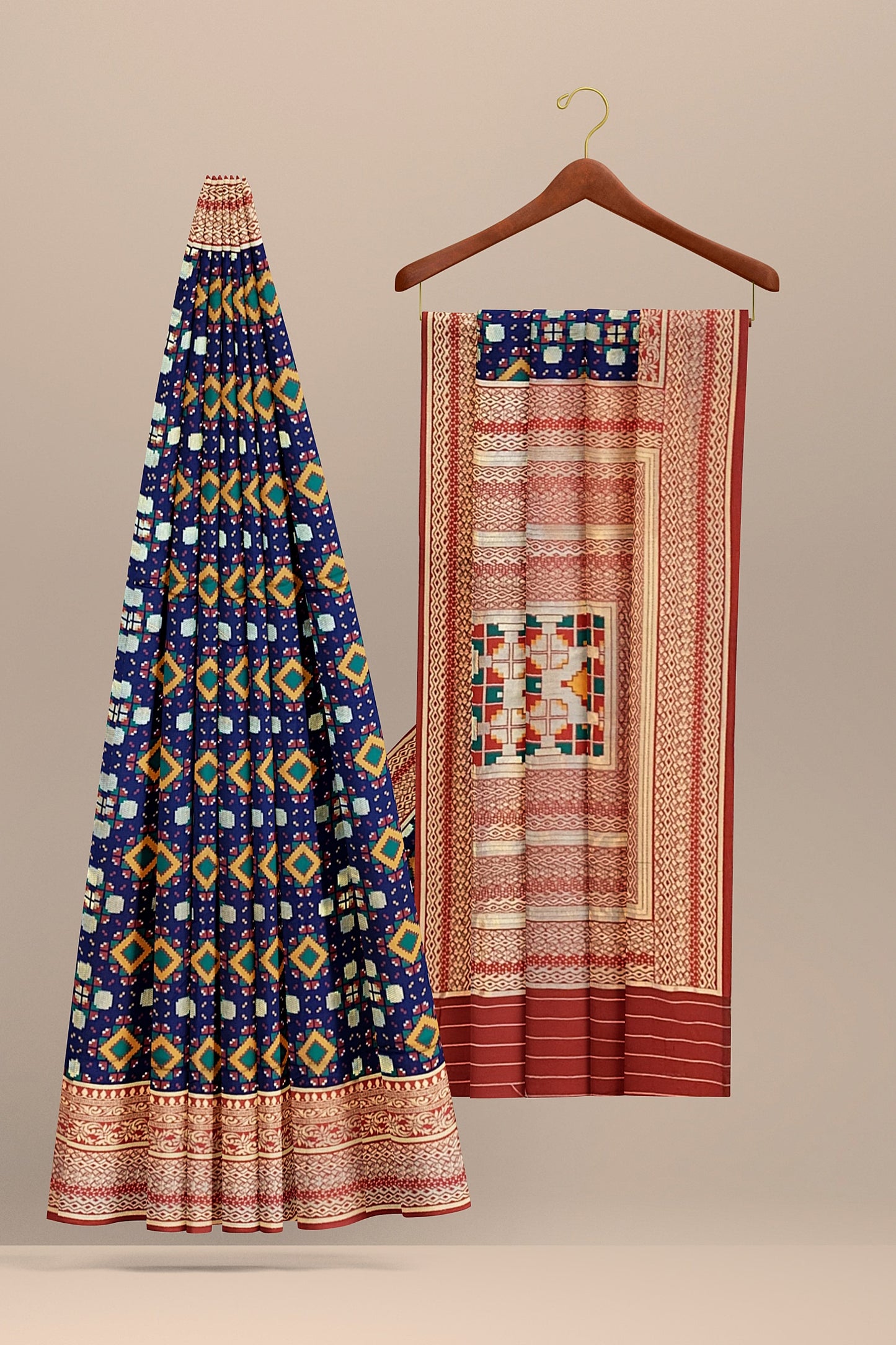Stunning Navy Blue Patola Pattern Saree with Multi-Color Zaal Weaving, Red Contrast Pallu and Blouse