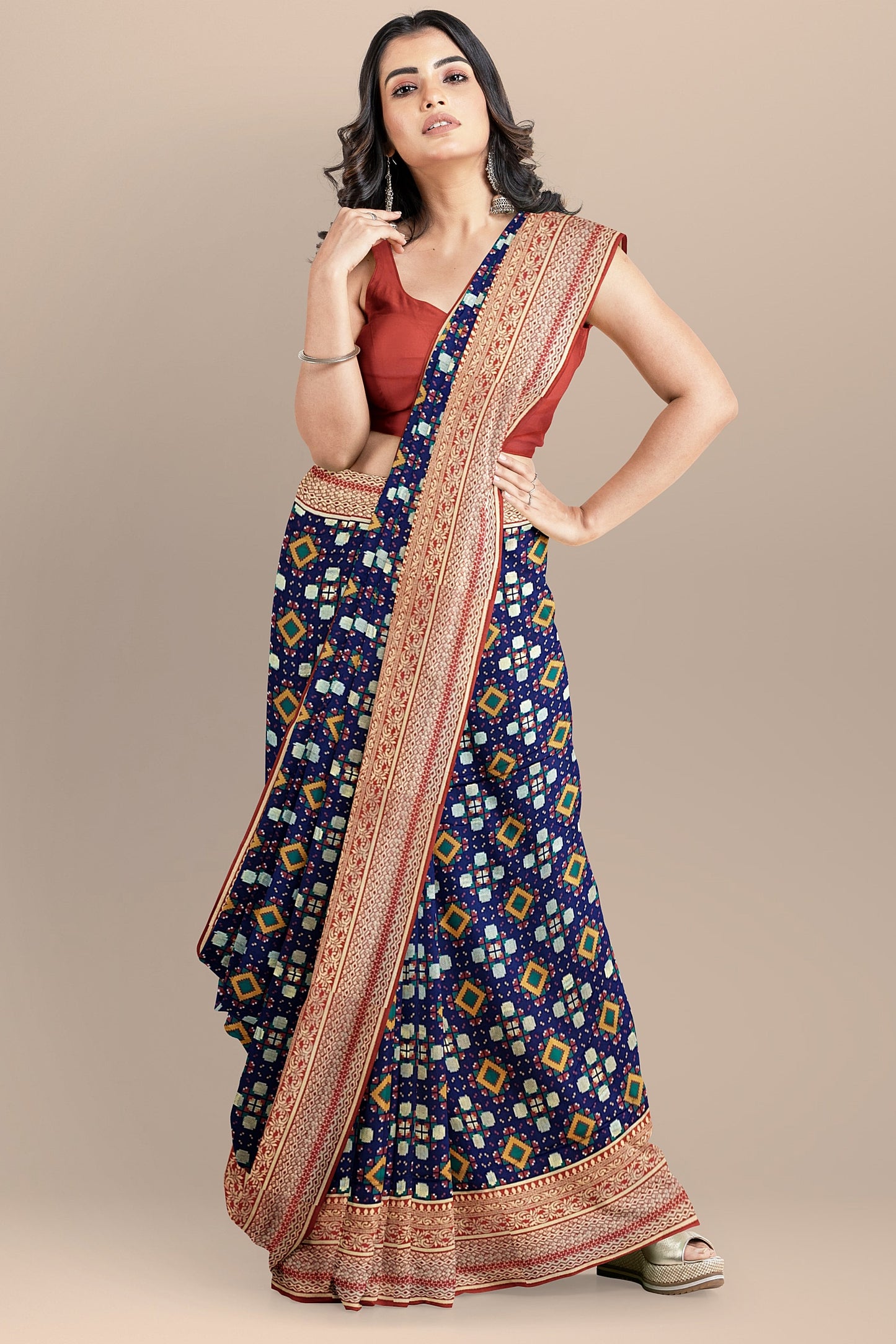 Stunning Navy Blue Patola Pattern Saree with Multi-Color Zaal Weaving, Red Contrast Pallu and Blouse