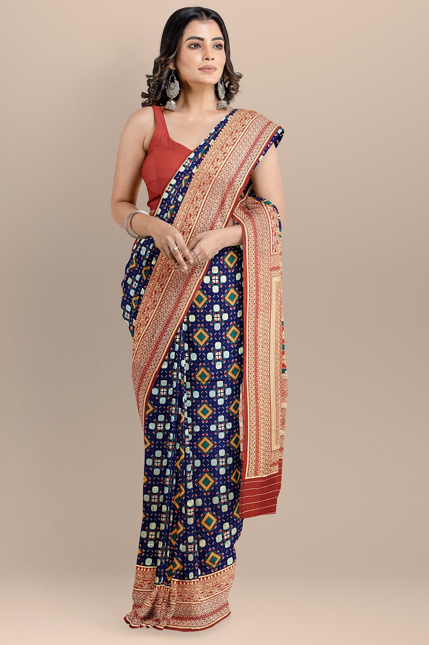 Stunning Navy Blue Patola Pattern Saree with Multi-Color Zaal Weaving, Red Contrast Pallu and Blouse