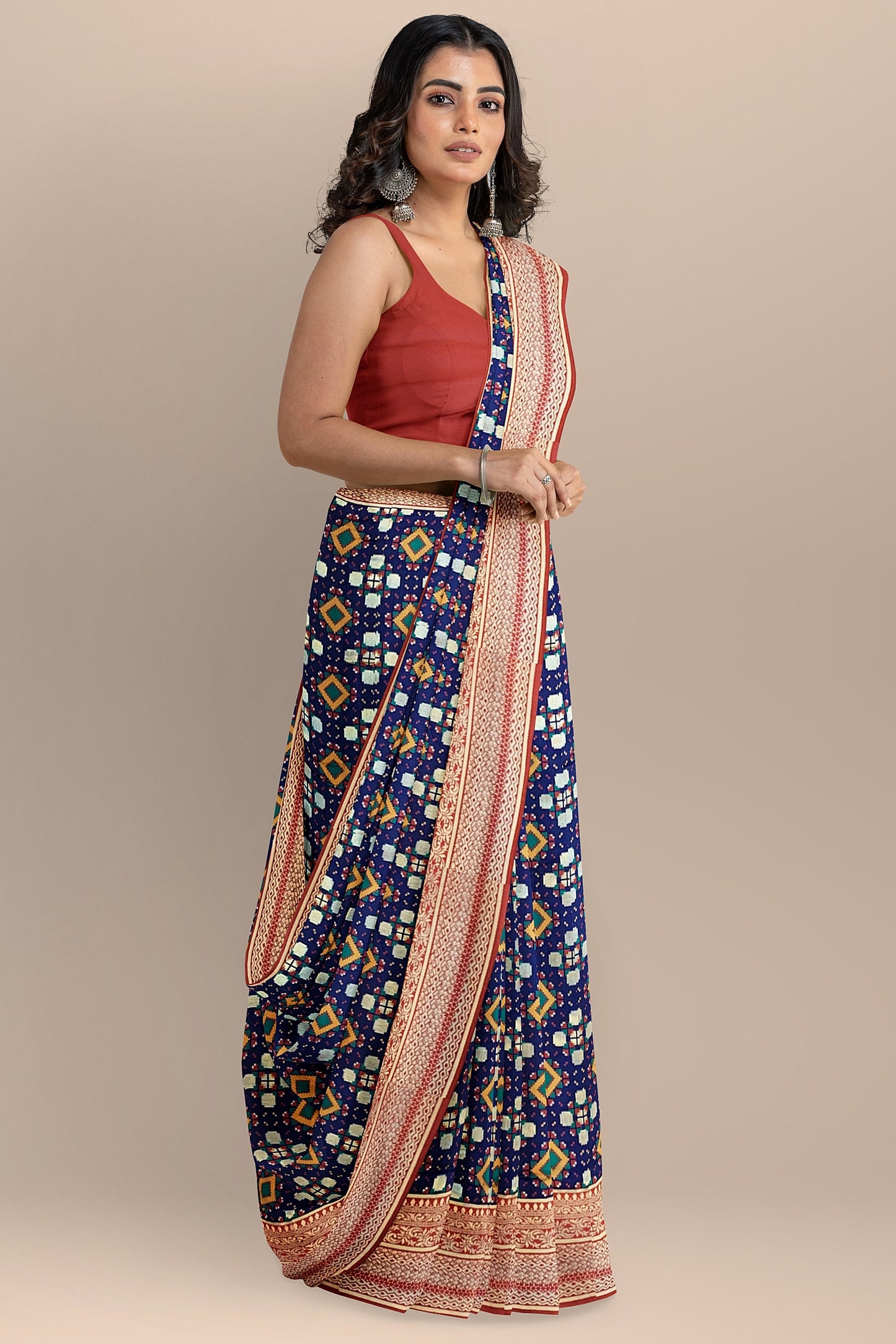 Stunning Navy Blue Patola Pattern Saree with Multi-Color Zaal Weaving, Red Contrast Pallu and Blouse